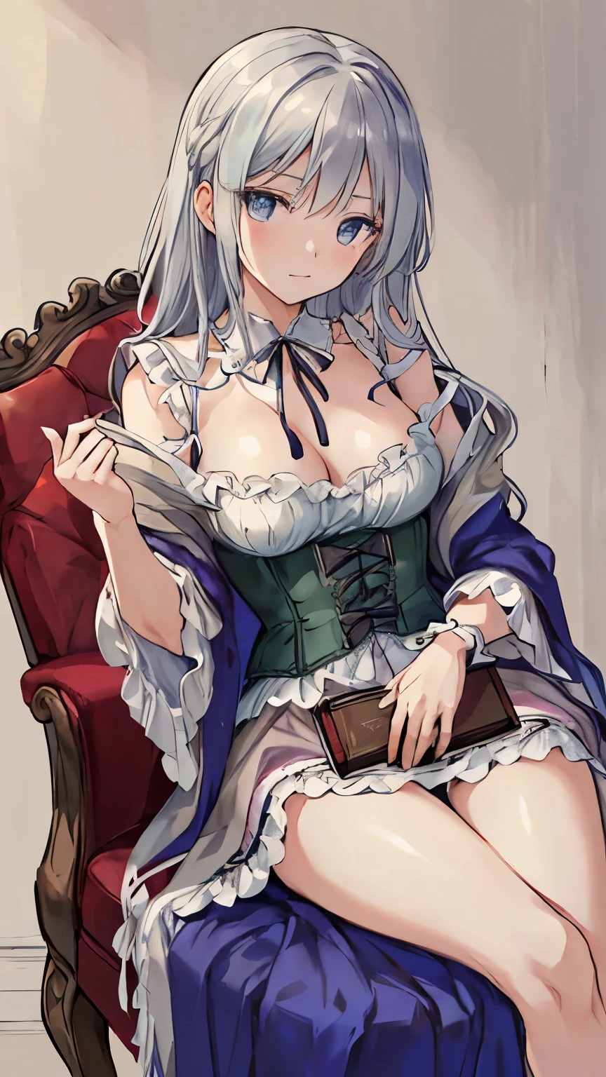 1750s french dress(jade petticoat、Row of ribbons on the chest、Jade-colored V-shaped robe that opens in the front、neck ribbon、lace cuffs、From the collar to the hem of the robe、Breasts lifted by corset)、leaning on the sofa、Silver-haired woman、relaxed expression、an open book on the right hand、1750s European drawing room background
