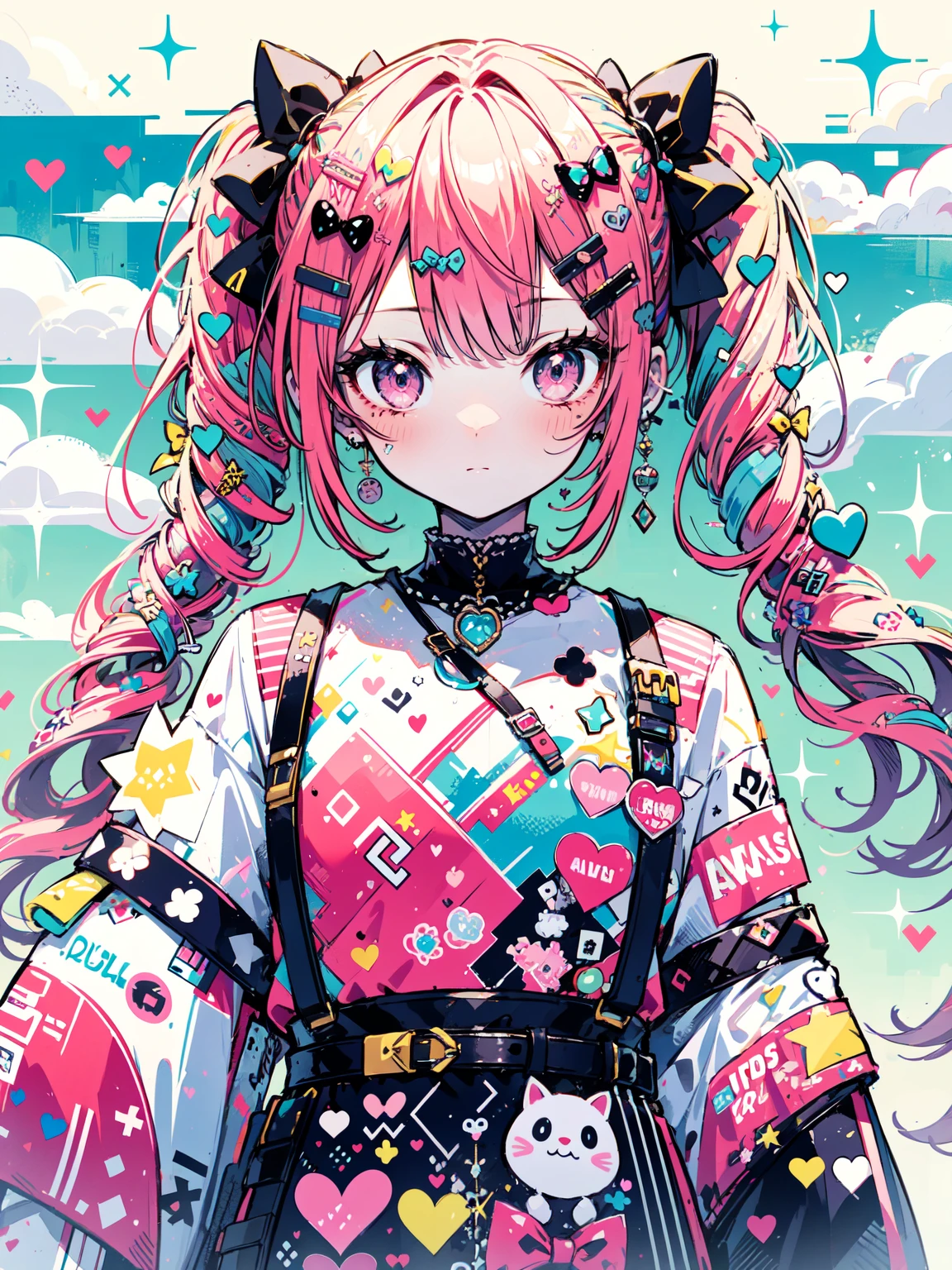 "kawaii, Cute,1 girl, short twintail, red hair, purple eyes,  She wears sky-themed clothing with clouds and sky motifs. Her outfit is fluffy and soft, With decora accessories like hair clips. She embodies a vibrant and trendy Harajuku fashion style."
