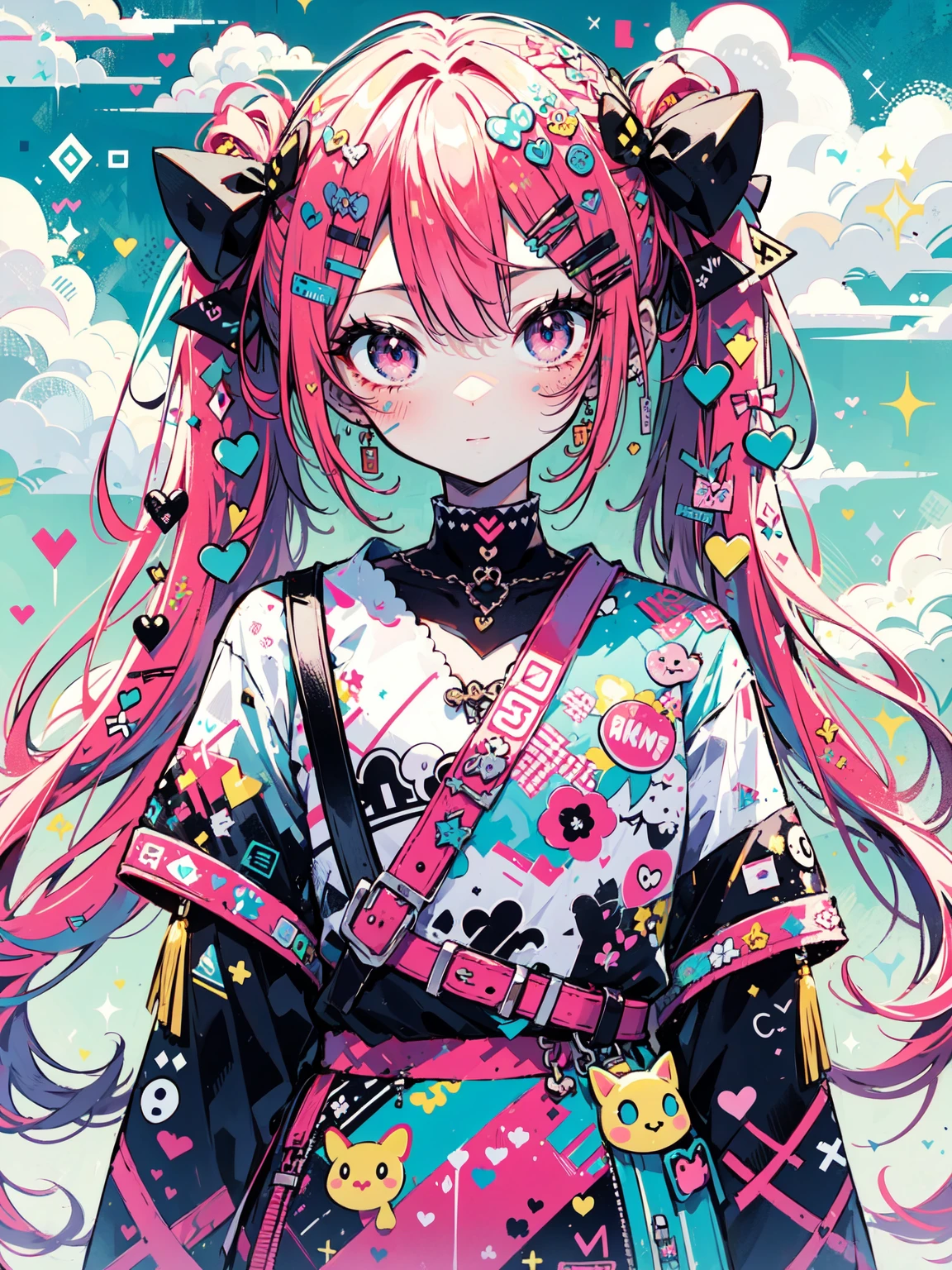 "kawaii, Cute,1 girl, short twintail, red hair, purple eyes, She wears sky-themed clothing with clouds and sky motifs. Her outfit is fluffy and soft, With decora accessories like hair clips. She embodies a vibrant and trendy Harajuku fashion style."