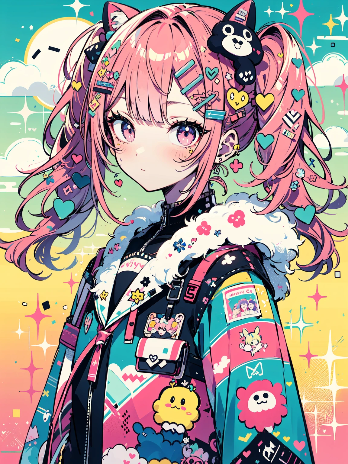 "kawaii, Cute,1 girl, short twintail, red hair, purple eyes, She wears sky-themed clothing with clouds and sky motifs. Her outfit is fluffy and soft, With decora accessories like hair clips. She embodies a vibrant and trendy Harajuku fashion style."