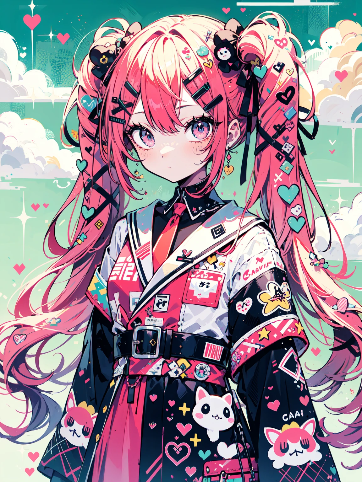 "kawaii, Cute,1 girl, short twintail, red hair, purple eyes,  She wears sky-themed clothing with clouds and sky motifs. Her outfit is fluffy and soft, With decora accessories like hair clips. She embodies a vibrant and trendy Harajuku fashion style."