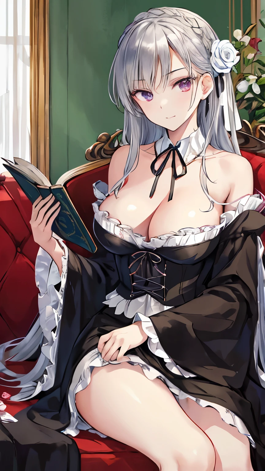 jade petticoat、Row of ribbons on the chest(Echelle)、Jade-colored V-shaped robe that opens in the front、neck ribbon、lace cuffs、From the collar to the hem of the robe、Self-fabric trim layered around the hem of the petticoat、Silver thread lace and artificial rose flowers。Artificial rose flowers are on the chest、head、There is also a decoration on the cuffs.、Breasts lifted by corset、leaning on the sofa、Silver-haired woman、relaxed expression、an open book on the right hand、1750s European drawing room background、There is a black dog at my feet