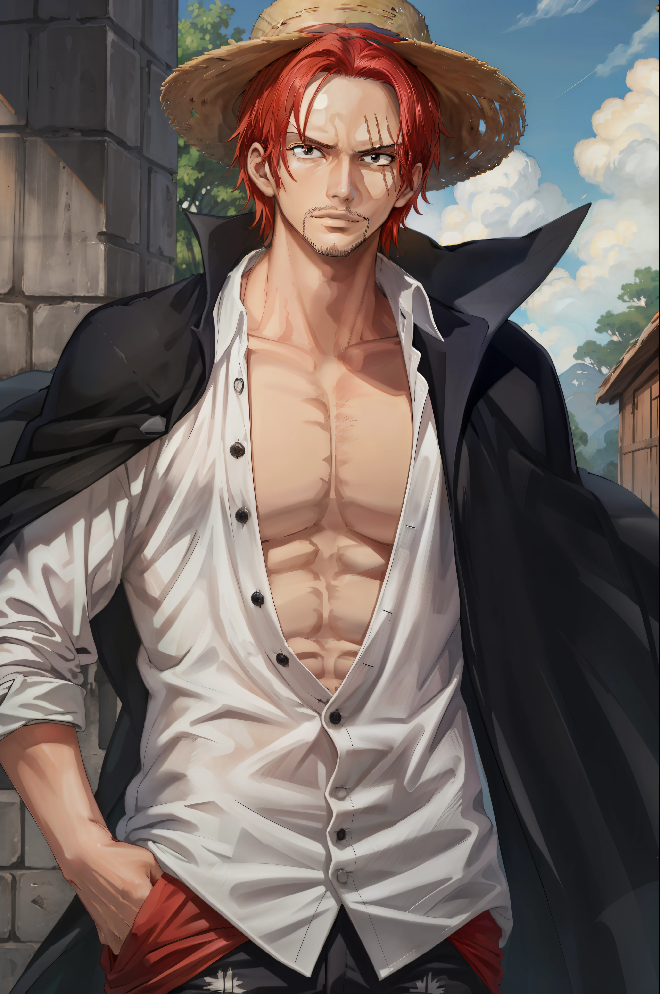 (masterpiece, best quality),  intricate details,
 1boy, man, red hair, straw hat, Shnks, shanks \(one piece\),  scar on face, short hair, shirt,  white shirt, male focus, open clothes, collared shirt, pants, cape, coat, open shirt, facial hair, scar, sandals,  pectorals, partially unbuttoned, pectoral cleavage, coat on shoulders, nature, scenery, upper body, straw hat,