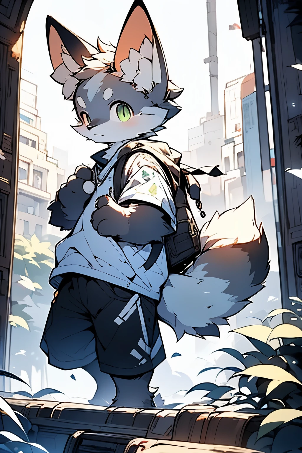 London, United Kingdom, Twentieth century，Wolf，male，Q version，little boy， slender figure，long thick brown hair，There are two earrings on the right ear，running，light gray hair，black shorts，Infrared sleeve，black shirt，dark green eyes，Put your hands in your shirt pockets，Handsome（masterpiece）（high quality）（clear structure）（clear lines）（Background of extreme detail）（Extremely detailed characters）
