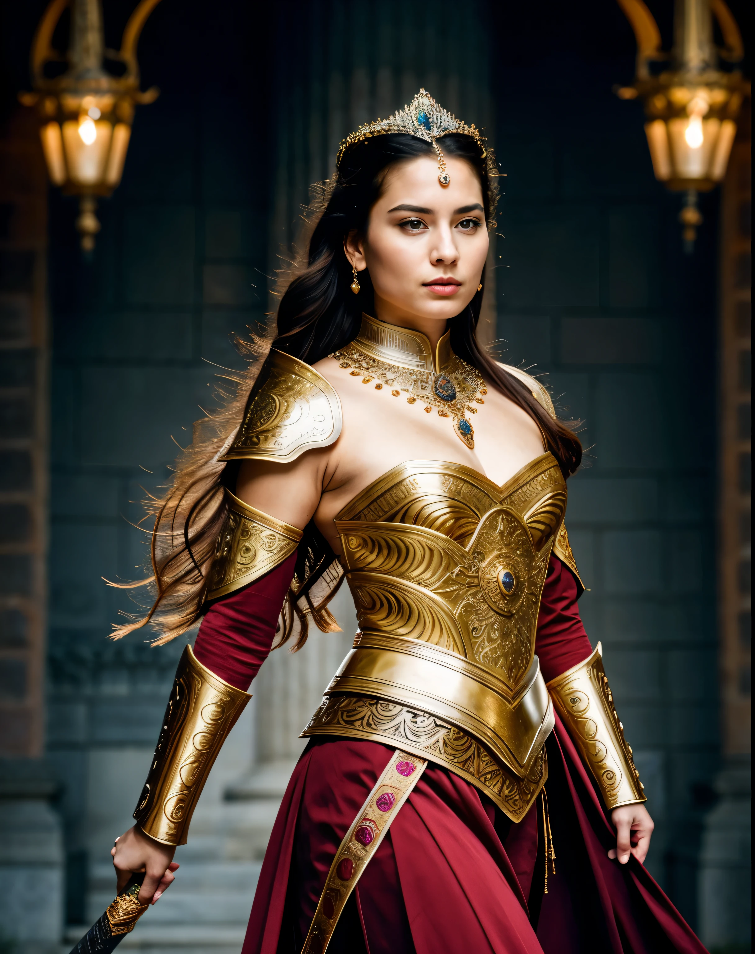"Design an illustration of a stunning and powerful warrior queen with a regal presence. She should possess a combination of strength and grace. Imagine her in ornate, yet practical armor that complements her figure. The armor should be adorned with intricate details and symbols representing her royal lineage and warrior prowess. Her weapon of choice could be a unique and elegant sword or a mythical weapon that reflects her status as a formidable leader.
Her facial features should exude confidence and determination, with piercing eyes that convey both fierceness and wisdom. The queen's hair, whether long or short, should flow dynamically, hinting at her movement in battle. Consider incorporating elements that emphasize her connection to nature or a mythical realm, such as ethereal backgrounds, symbolic animals, or mystical symbols.
Pay attention to the color palette; use rich, bold colors that enhance her royal aura. Experiment with lighting to highlight specific details and create a sense of drama. Ensure that her posture and expression capture the essence of a queen who commands respect and admiration. Feel free to draw inspiration from historical warrior queens or fictional characters, blending elements to create a unique and captivating image."