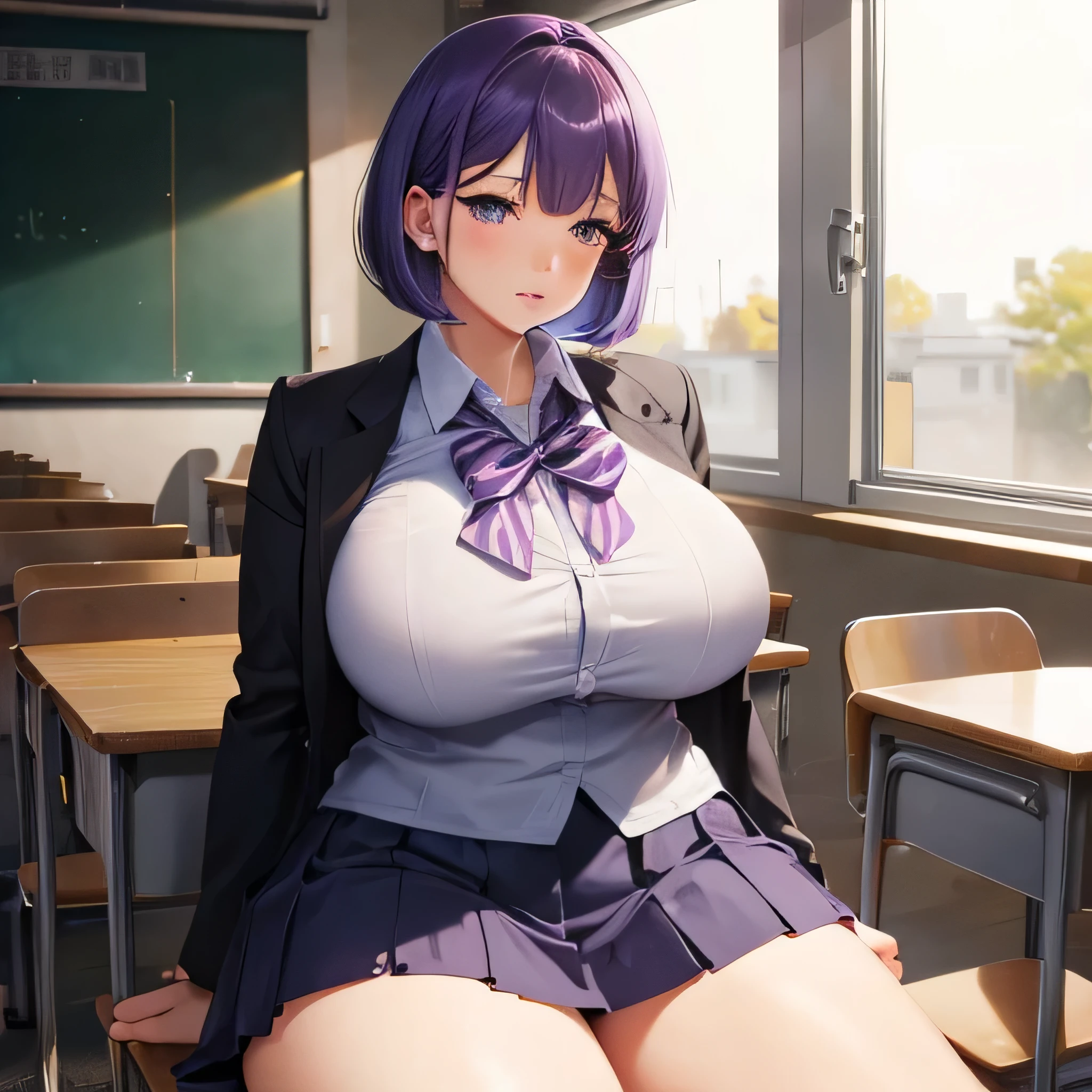 high school girl Overweight big breasts expensive bob cut Purple hair color school classroom finish the skirt