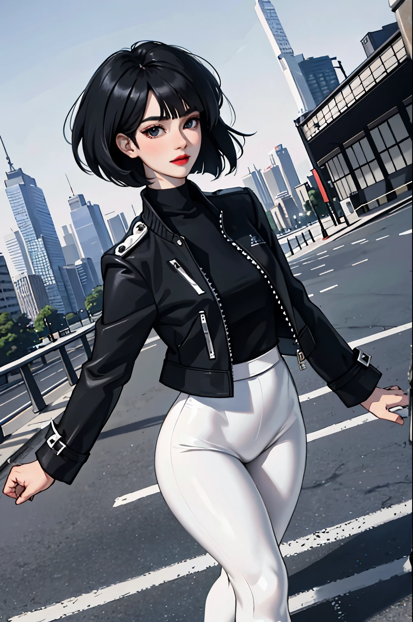 , masterpiece, Highest Quality, Highest Resolution, perfect background, perfect perspective, sharp image, perfect details, perfect lighting, perfect shadows, Perfect lighting, Best background, Nicola-chan, 1girl, solo, bob cut, black hair, pale skin, lipstick, jacket, white leggings, standing, front view, city streets, skyscrapers,
