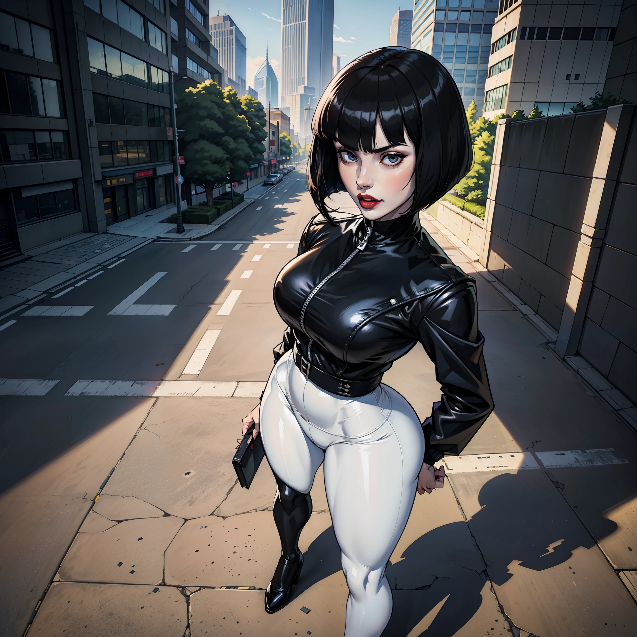 Anime girl with dark bluish hair in bermuda de latex and a latex corset, 16 years old, beautiful body, big breasts, with her hands on her waist, hands in her hair, Sexy girl, bluish hair, side strands of hair with a pink bow, strands of hair with a bow on the side of the face, beautiful lighting, soft shadows, brown eyes, beautiful toned legs, short hair, anime style, hand on the waist, hand in the hair, character Akane Tendo, Author Rumiko Takahashi, Based on a work by Rumiko Takahashi, Anime Ranma 1 / 2, sexy cleavage, robust hips, full body, full body, big bust, young girl with nice and beautiful body, sandals on her feet, girl 16 years young, wearing bermuda latex and latex corset, anime girl, anime style, beautiful feet in sandals, outdoors, big breast, beautiful breasts, black hair, sandals on feet, beautiful legs, sexy, beautiful legs, Sandals, big breasts, full body, full body, feet with sandals, big bust