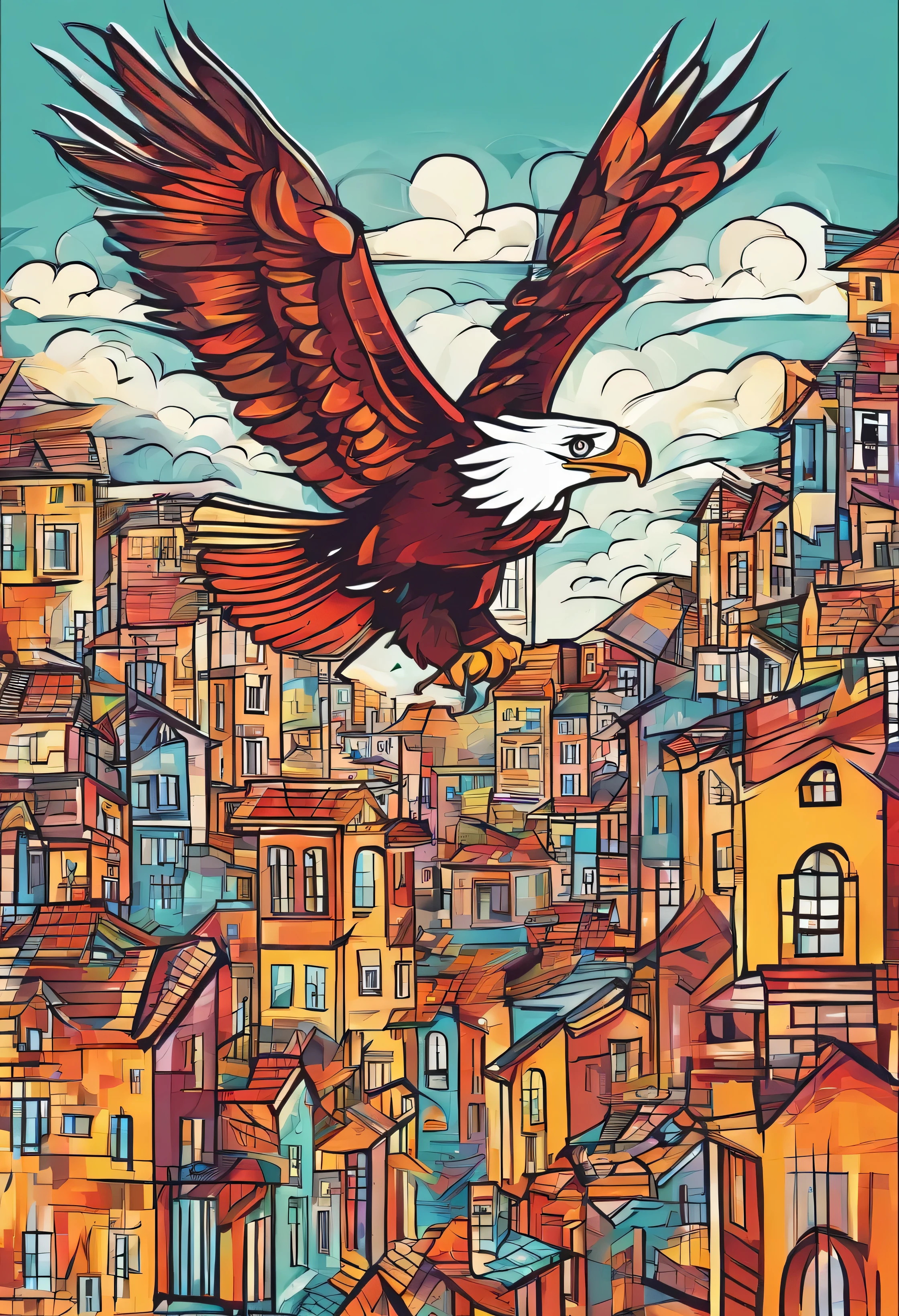 Super details, high detail, high quality, 8k, Picasso style,The eagle flies in the middle of the city,autumn sunset