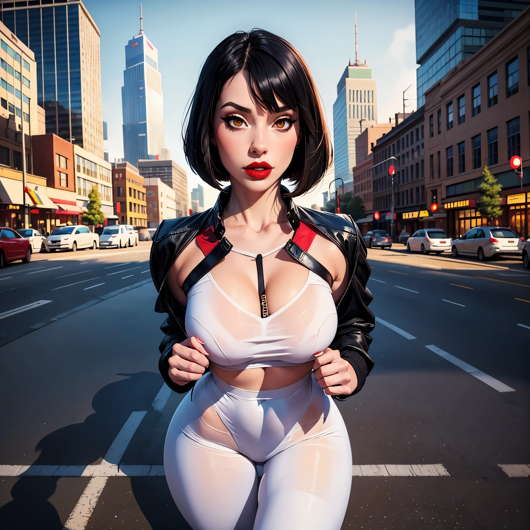 , masterpiece, Highest Quality, Highest Resolution, perfect background, perfect perspective, sharp image, perfect details, perfect lighting, perfect shadows, Perfect lighting, Best background, Nicola-chan, 1girl, solo, bob cut, black hair, pale skin, lipstick, jacket, white leggings, standing, front view, city streets, skyscrapers,