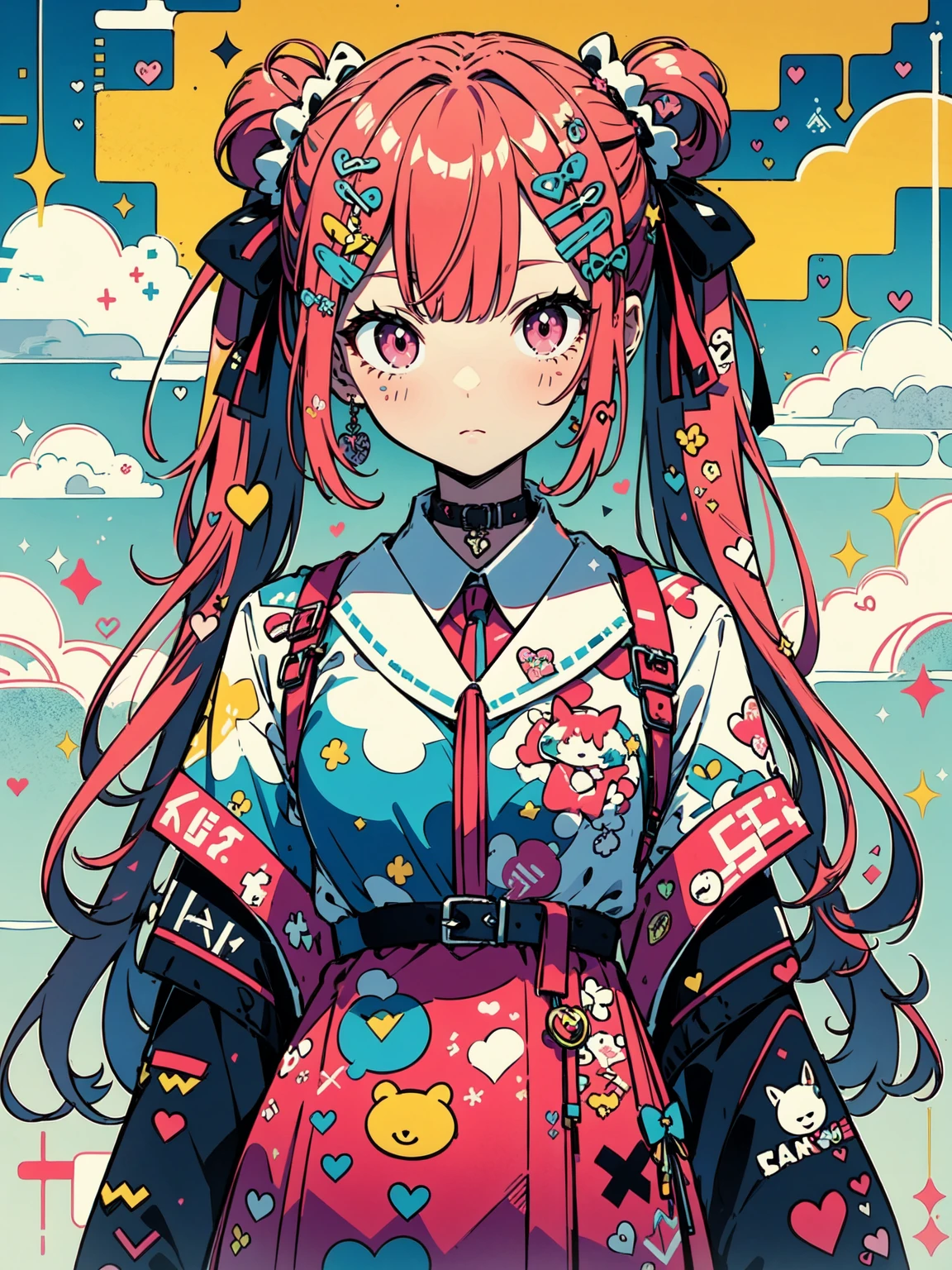 "kawaii, Cute,1 girl, short twintail, red hair, purple eyes, She wears sky-themed clothing with clouds and sky motifs. Her outfit is fluffy and soft, With decora accessories like hair clips. She embodies a vibrant and trendy Harajuku fashion style."
