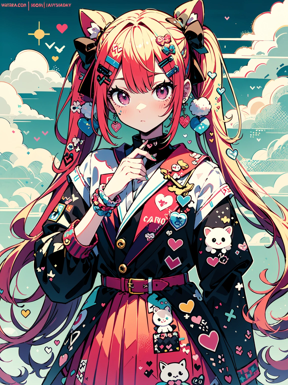 "kawaii, Cute,1 girl, short twintail, red hair, purple eyes,  She wears sky-themed clothing with clouds and sky motifs. Her outfit is fluffy and soft, With decora accessories like hair clips. She embodies a vibrant and trendy Harajuku fashion style."