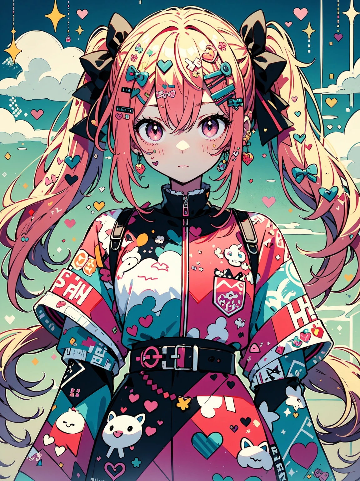 "kawaii, Cute,1 girl, short twintail, red hair, purple eyes,  She wears sky-themed clothing with clouds and sky motifs. Her outfit is fluffy and soft, With decora accessories like hair clips. She embodies a vibrant and trendy Harajuku fashion style."
