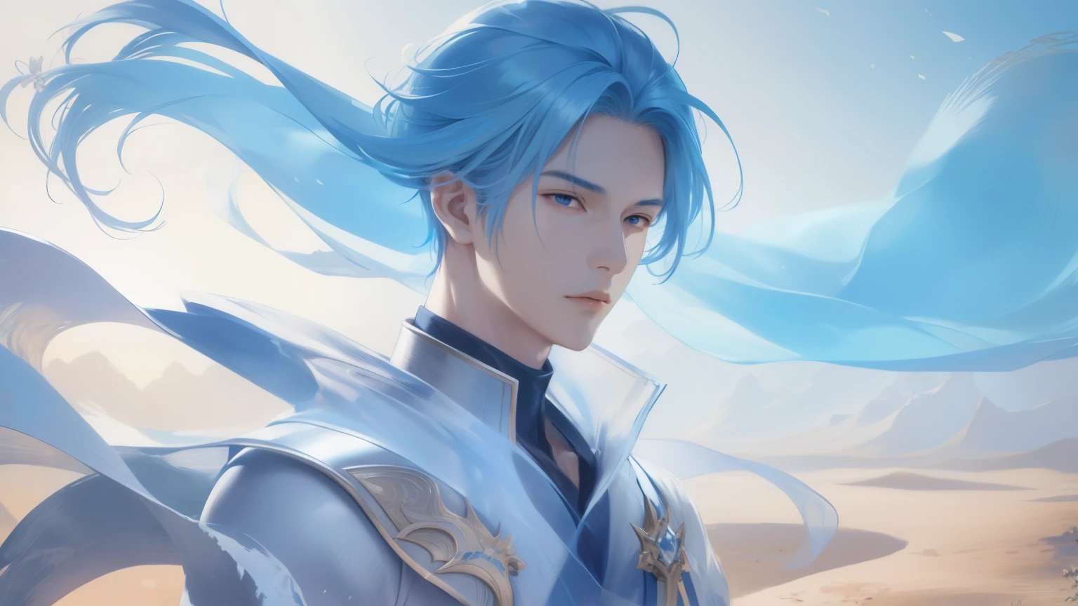  high quality, Super detailed CG illustration of a young man with a calm expression, stare into the distance，His striking light blue hair blew gently in the desert breeze. The landscape behind him is vast and stunning, Taking viewers into a world of wonder and discovery.More creativity