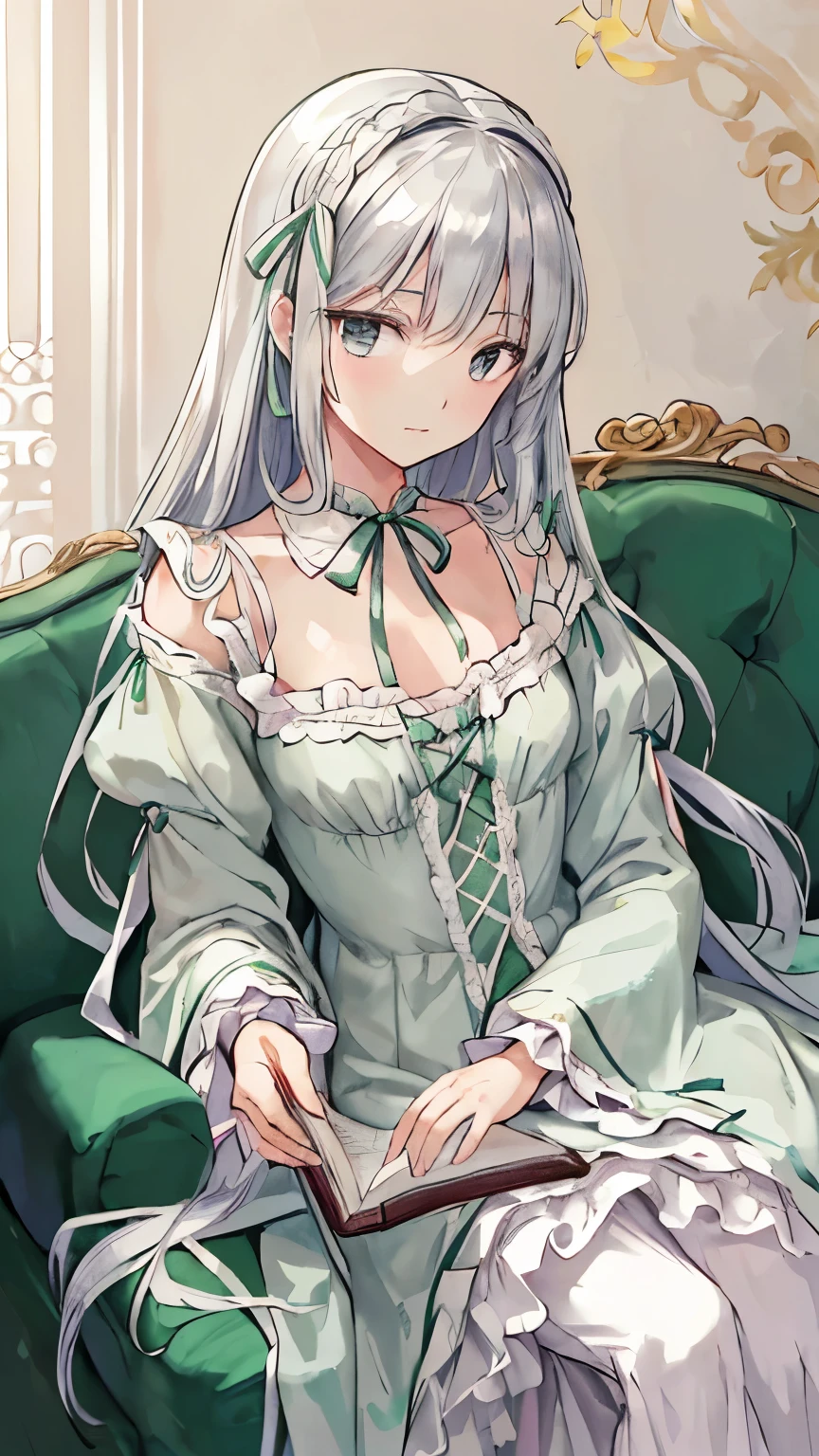 1750s French dress(jade petticoat、Row of ribbons on the chest、Jade-colored V-shaped robe that opens in the front、neck ribbon、lace cuffs、)leaning on the sofa、Silver-haired woman、relaxed expression、an open book on the right hand、1750s European drawing room background
