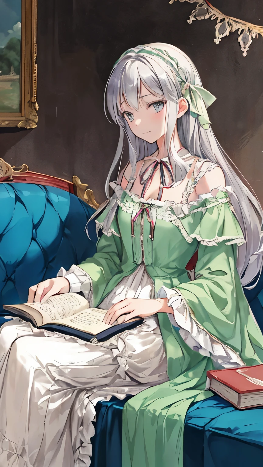 1750s French dress(jade petticoat、Row of ribbons on the chest、Jade-colored V-shaped robe that opens in the front、neck ribbon、lace cuffs、)leaning on the sofa、Silver-haired woman、relaxed expression、an open book on the right hand、1750s European drawing room background
