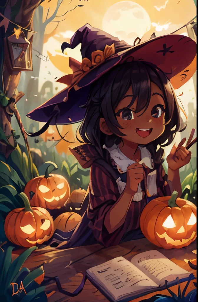 Halloween Costumes、the witch、infp young woman、dark brown skin color, short black hair with tight curls、Big eyes、Transparent eyes、 Beautiful makeup、long eyeslashes、A smile、Smile、、Solo Photography、beatiful detailed eyes、vertical stripes imagem 4k 超A high resolution、Overall view, halloween, halloween colors, warm lighting, purple sky, orange moon, bats flying, jack o lanterns, flat color