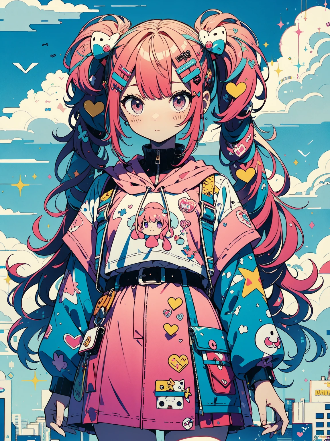 "kawaii, Cute,1 girl, short twintail, red hair, purple eyes, She wears sky-themed clothing with clouds and sky motifs. Her outfit is fluffy and soft, With decora accessories like hair clips. She embodies a vibrant and trendy Harajuku fashion style."