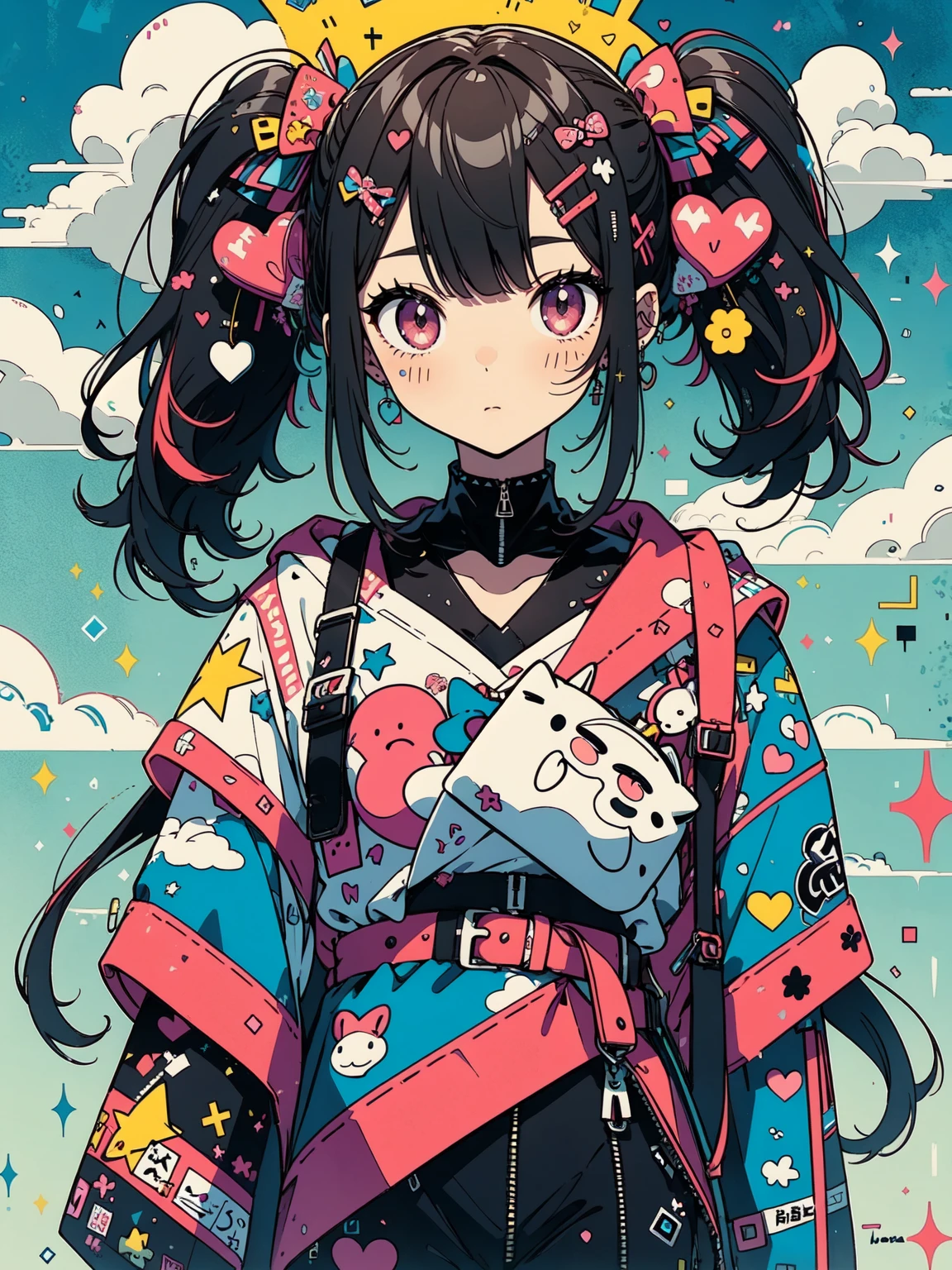 "kawaii, Cute,1 girl, short twintail, red hair, purple eyes, She wears sky-themed clothing with clouds and sky motifs. Her outfit is fluffy and soft, With decora accessories like hair clips. She embodies a vibrant and trendy Harajuku fashion style."