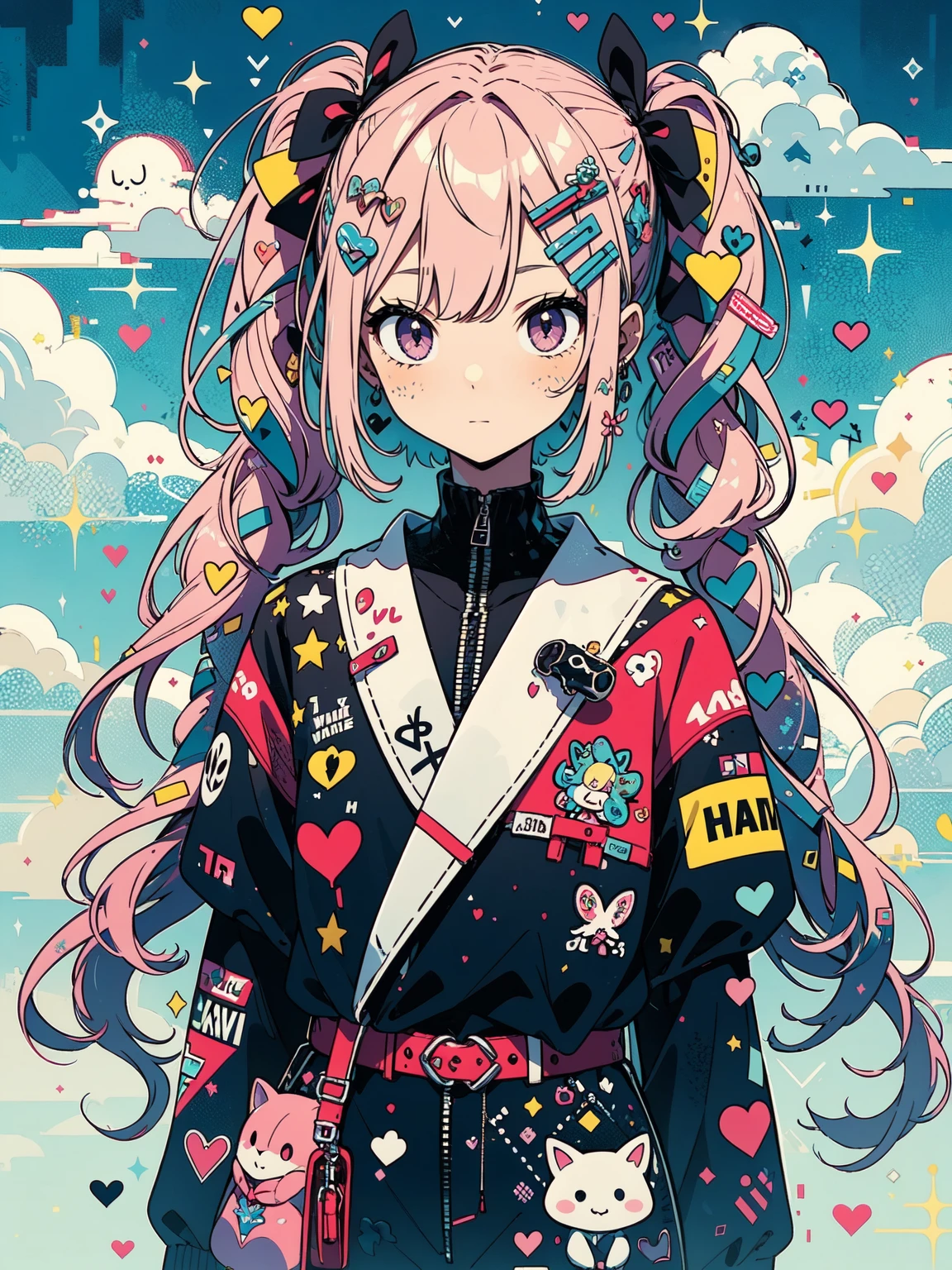 "kawaii, Cute,1 girl, short twintail, red hair, purple eyes, She wears sky-themed clothing with clouds and sky motifs. Her outfit is fluffy and soft, With decora accessories like hair clips. She embodies a vibrant and trendy Harajuku fashion style."