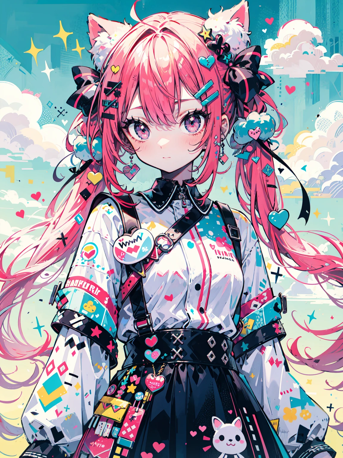 "kawaii, Cute,1 girl, short twintail, red hair, purple eyes, She wears sky-themed clothing with clouds and sky motifs. Her outfit is fluffy and soft, With decora accessories like hair clips. She embodies a vibrant and trendy Harajuku fashion style."