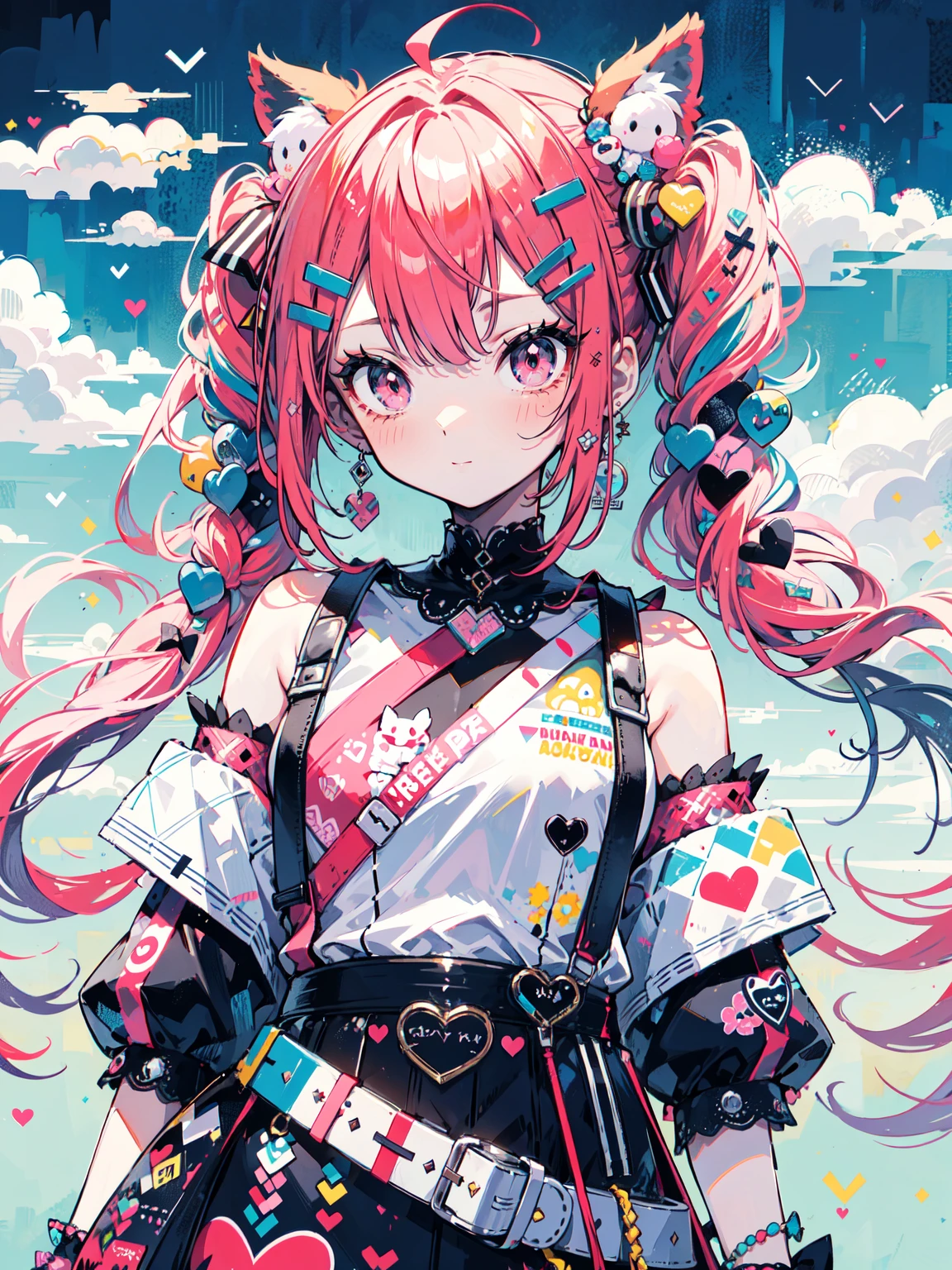 "kawaii, Cute,1 girl, short twintail, red hair, purple eyes,  She wears sky-themed clothing with clouds and sky motifs. Her outfit is fluffy and soft, With decora accessories like hair clips. She embodies a vibrant and trendy Harajuku fashion style."