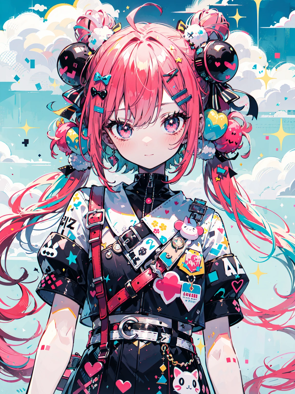 "kawaii, Cute,1 girl, short twintail, red hair, purple eyes,  She wears sky-themed clothing with clouds and sky motifs. Her outfit is fluffy and soft, With decora accessories like hair clips. She embodies a vibrant and trendy Harajuku fashion style."