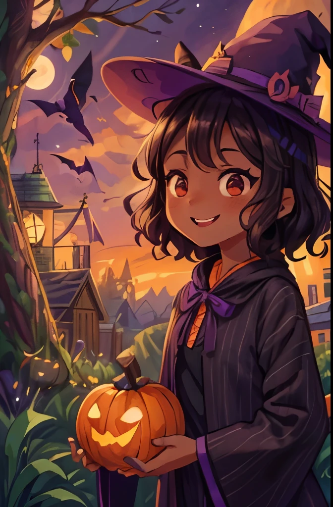 Halloween Costumes、the witch、infp young woman、dark brown skin color,, curly hair, short black hair with tight curls、Big eyes、Transparent eyes、　Beautiful makeup、long eyeslashes、A smile、Smile、、Solo Photography、beatiful detailed eyes、vertical stripes　imagem 4k　超A high resolution、night time, halloween, halloween colors, warm lighting, purple sky, orange moon, bats flying, jack o lanterns, flat color
