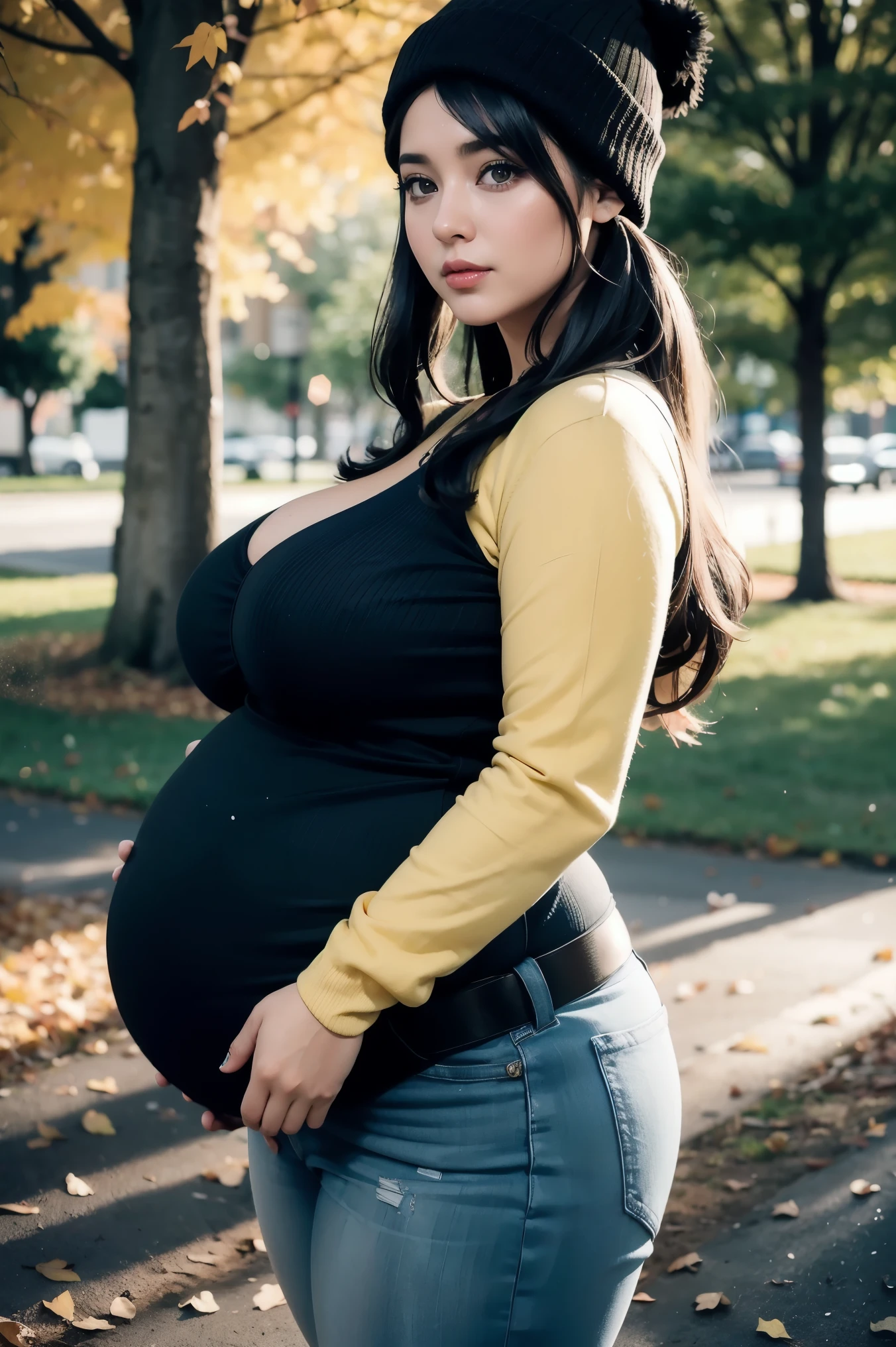 Beautiful sensual woman with a curvy body, black hair, bangs, twintail, widest waist, fitting breasts, (huge pregnant),curvy accentuated booty, sparkling olive-green eyes, long eyelashes, thick thighs, Strong calves, smirk, taniaayusiregar, She wears a black wool cardigan, yellow shirt, white jeans, brown belt, black beanie, she waits in a park, photorealistic, Masterpiece, bokeh, Volumetric lighting, Fall season atmosphere