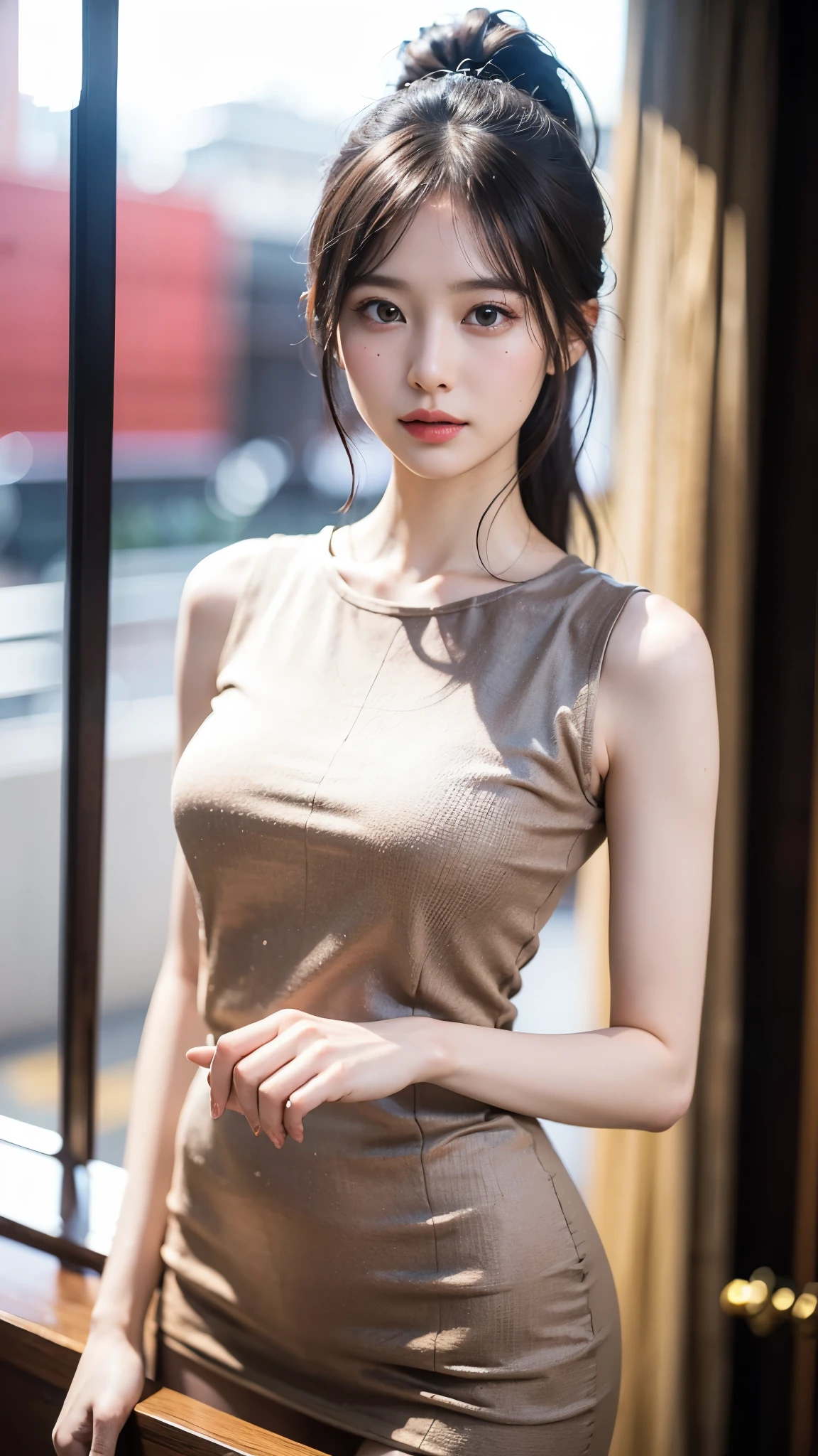 ((Top Quality、8K、​masterpiece:1.3))、a tall and beautiful woman、Perfect Figure:1.4、Slim Abs、dark brown hairstyle、shorth hair、No postural movement、Stand up straight、Huge bust、Highly detailed facial and skin texture、(A detailed eye, Symmetry Eyes, Clear eyes, Double eyelidd、Cold-stricken face、Symmetrical face), Royal sisters full of fans、The Telegraph Esbian、peach buttocks、Beige color Small Sleeveless Tight Knit Dress、squart、(Raw foto:1.2)、((Photorealcitic:1.4))Top Quality、​masterpiece、Real Photography、very delicate and beautiful.、super detailed CG、Unity、8K photo wallpaper、delicate detail、best qualtiy、Highly detailed CG unity 8k wallpaper、absurderes、Incredibly Absurd、huge file size、extremely highly detailed、Hight Resolution、ighly Details、Beautiful detail girl、extremely detailed eyes and face、beautiful delicate eyes、Facial light、cinematic lightings、1girll、see -through,Watch your audience,plein air,Sunny and cheerful、high ponytail、a sporty girl、ulzzang-6500、The Telegraph Esbian, Exercise、machinery