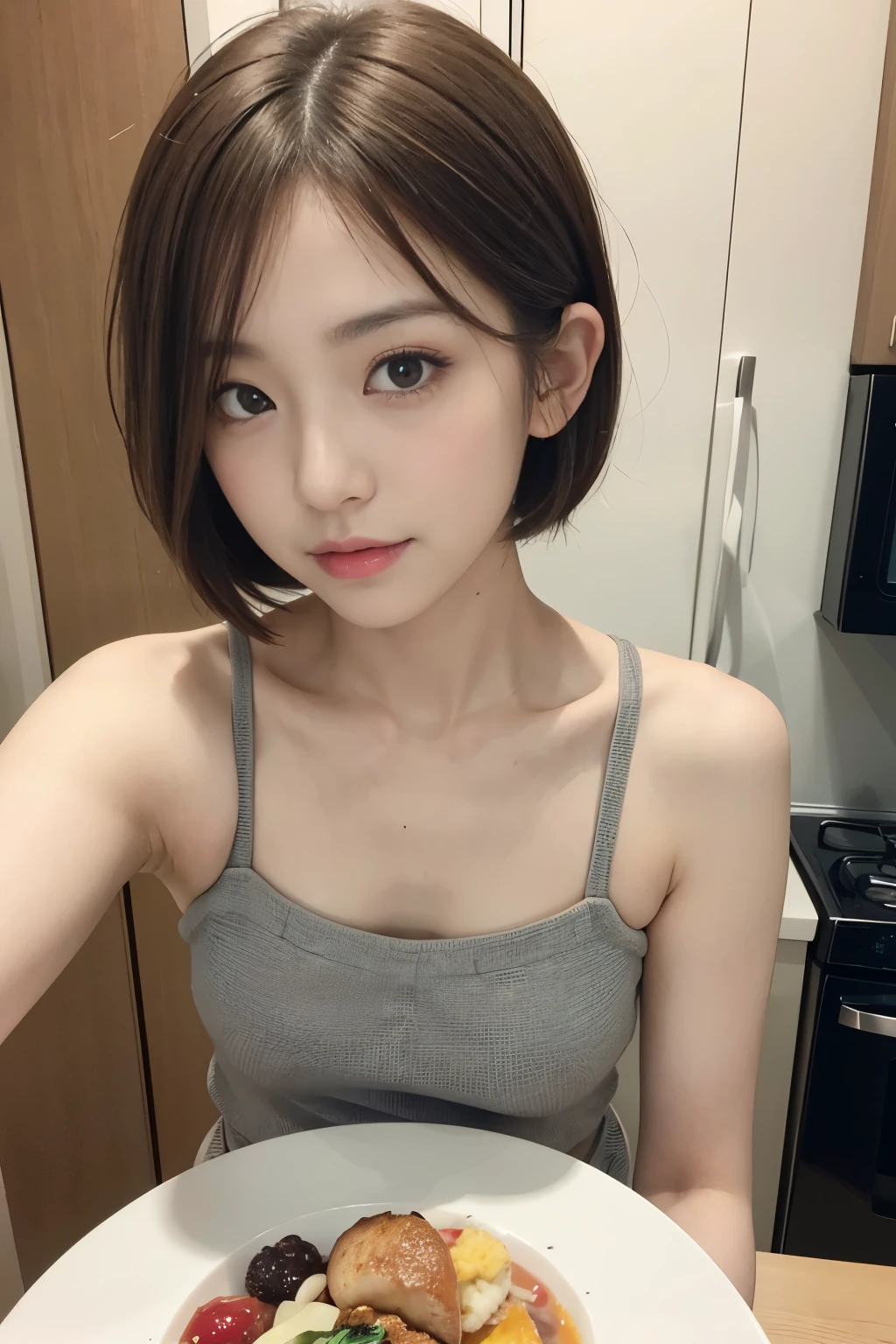 cute 21 year old japanese、kitchen、cooking、super detail face、eye for details、double eyelid、beautiful thin nose、sharp focus:1.2、Beautiful woman:1.4、(light brown hair,short haired、),pure white skin、highest quality、masterpiece、Super high resolution、(Photoreal:1.4)、Pinnafor、kitchen、Medium waist、