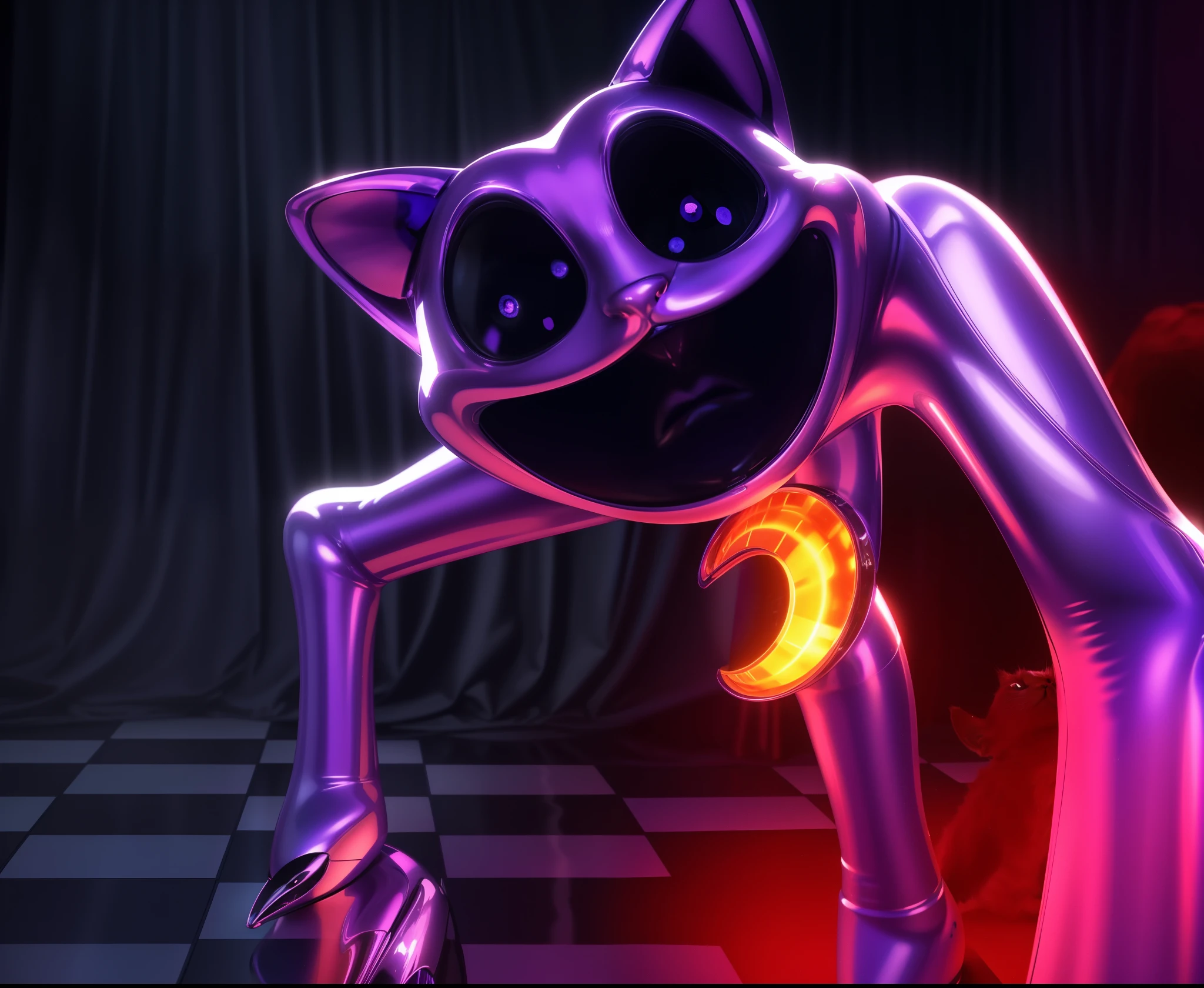 cartoon cat with glowing eyes, purple cat, cat from the void, the cheshire cat, dark blue blurry interior, red fog, scary atmosphere, glossy digital painting, anthropomorphic cat, demon cat, stylized as a 3d render, promo image, 3 d character, detailed digital art, reflective, best quality, 4k, masterpiece:1.2, ultra-detailed, realistic, vivid colors, dark and moody lighting, The image of the highest quality, ensuring every detail showcased perfectly. It in 4k resolution, allowing viewers to immerse themselves in the richness of the colors and intricate details. The realistic rendering. under the spotlight, reflecting, high-resolution image, realistic rendering, dark background, and rim light, scary atmosphere