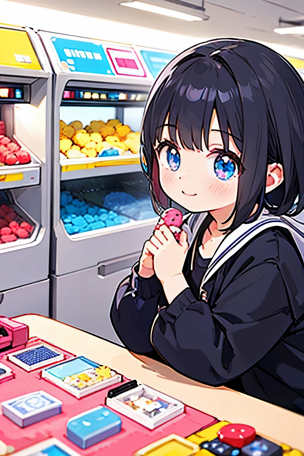 A girl looking into a stuffed animal picking game at a game center、sparkling eyes、smile、