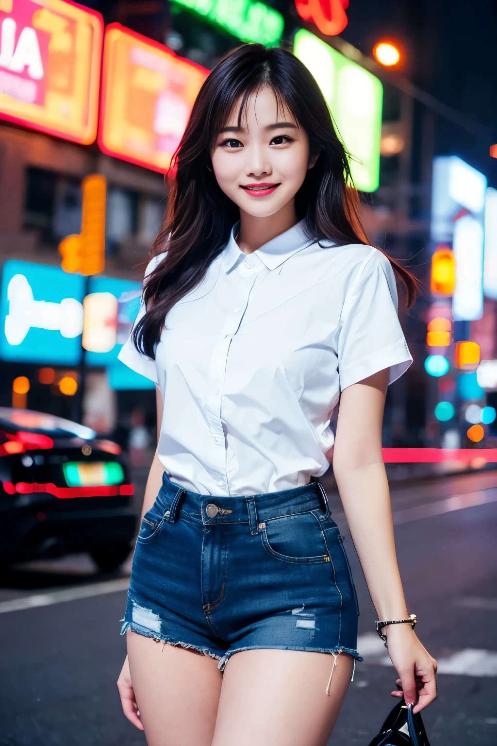 big city，neon lights，manhattan，bustling，girl，long hair，cute，slimming bottoming shirt，short shorts，cute，Laugh heartily，Slender limbs