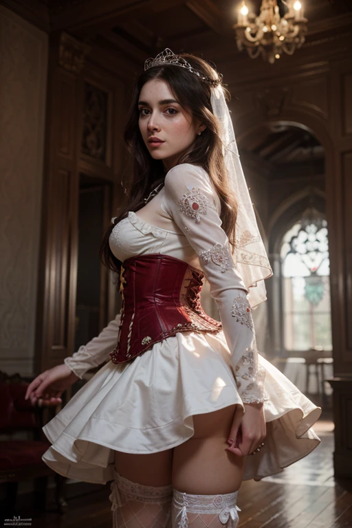 ((extremely detailed CG unity 8k wallpaper)), masterpiece, ultra-detailed, floating, high resolution, sexually suggestive, (, absurdly long white hair, princess, white mage, blue eyes, (ornate long white and red see through layered long dress with long detached wide sleeves and intricate embroidery), bridal veil, circlet, bridal gauntlets, blushing, shy, arched back, ruffled petticoat, ornate corset,