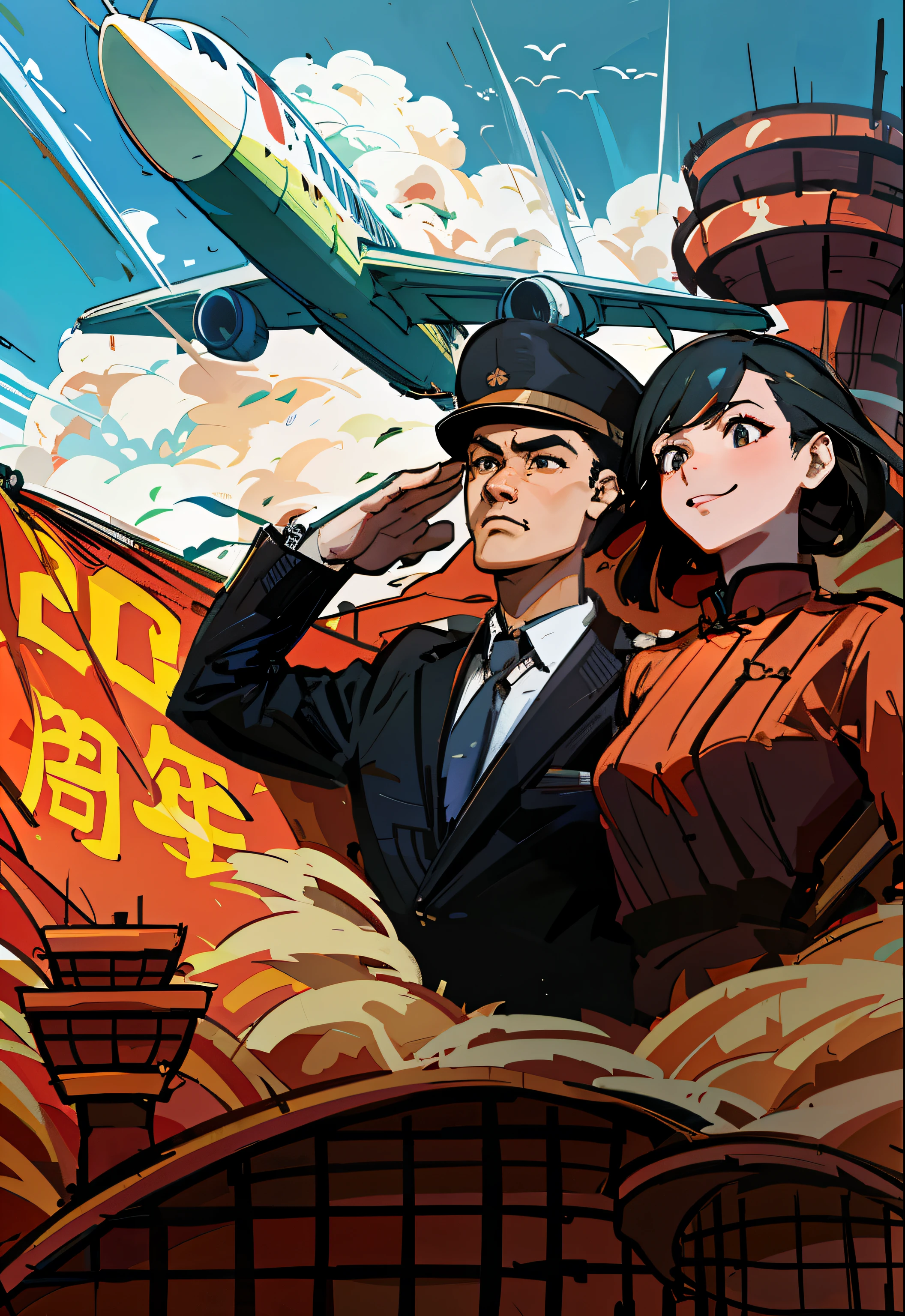 (masterpiece), (best quality), (Exquisite details), poster, Chinese , Wide-angle lens, a group of people, Chinese 微笑, civilian, One-piece suit, firm expression, Half-naked arms, passing flyer, gear, sky with passenger plane, Chinese Red Flag, (Red) Flag with gear and Wheat Print, city View, architecture, High-speed rail trains,  manifesto, Chinese,