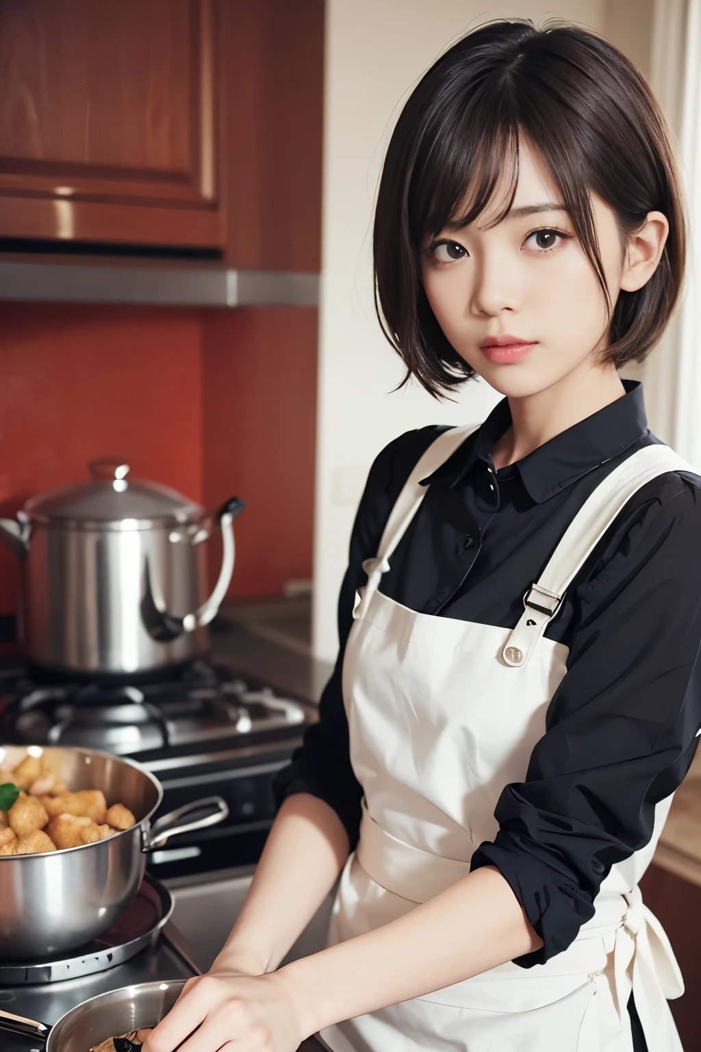 cute 21 year old japanese、kitchen、cooking、super detail face、eye for details、double eyelid、beautiful thin nose、sharp focus:1.2、Beautiful woman:1.4、(light brown hair,short haired、),pure white skin、highest quality、masterpiece、Super high resolution、(Photoreal:1.4)、Pinnafor、kitchen、apron、