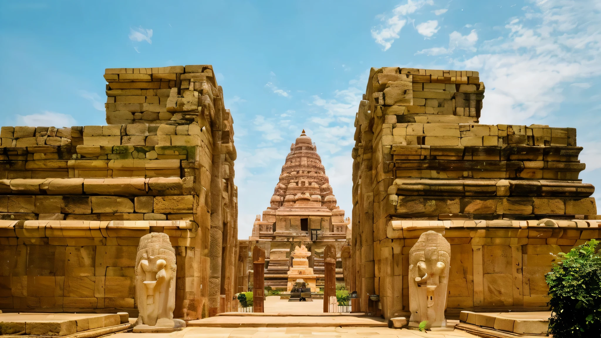 arafed view of a stone structure with a stone statue in front of it, hindu temple in background, indian temple, sacred ancient architecture, ancient temple, historical setting, india, monolithic temple, buildings carved out of stone, large temples, temple ruins, ancient architecture, temple background