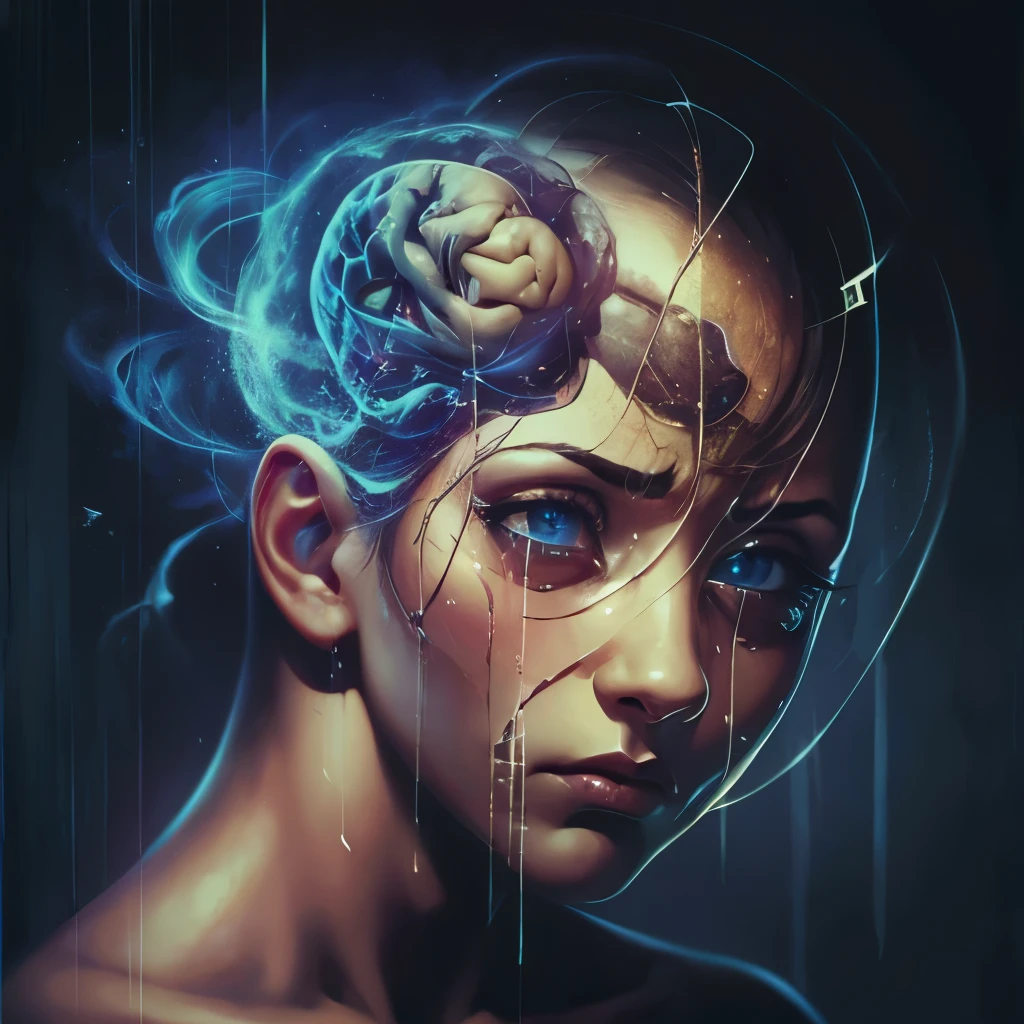 (perfect image), (proportions of the edges filled), (melancholy mood), A brain floating inside a square cage made of black metal bars, depicted as a captivating oil painting on canvas. The brain is rendered in exquisite detail, with prominent wrinkles and convolutions. The colors used are vibrant and expressive, capturing the essence of the brain's struggle for freedom. The eyes of the subject are crying blood. The artwork aims to improve the use of image space, enhancing the proportions between the image and the background. Dramatic details are added to evoke a powerful mood that conveys a profound message about depression and the desolation experienced by an individual