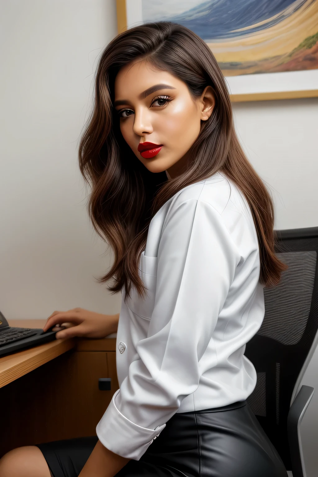 (obra de arte, melhor qualidade:1.2), 1 garota, Sozinho, sentado, office chair, mesa, computador, coffee mug, cabelo curto, Big lips, franja, cabelo loiro, olhos castanhos, seios grandes, camisa azul, lab coat, pencil skirt, brincos, Toupeira sob o olho, inventar, batom, Red lips, pernas cruzadas, leaning over, segurando cigarro ,