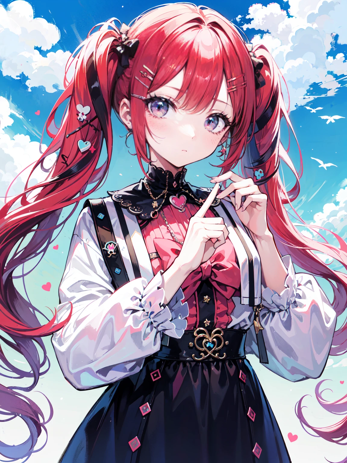 "kawaii, Cute,1 girl, short twintail, deep red hair, purple eyes,  She wears sky-themed clothing with clouds and sky motifs. Her outfit is fluffy and soft, With decora accessories like hair clips. She embodies a vibrant and trendy Harajuku fashion style."