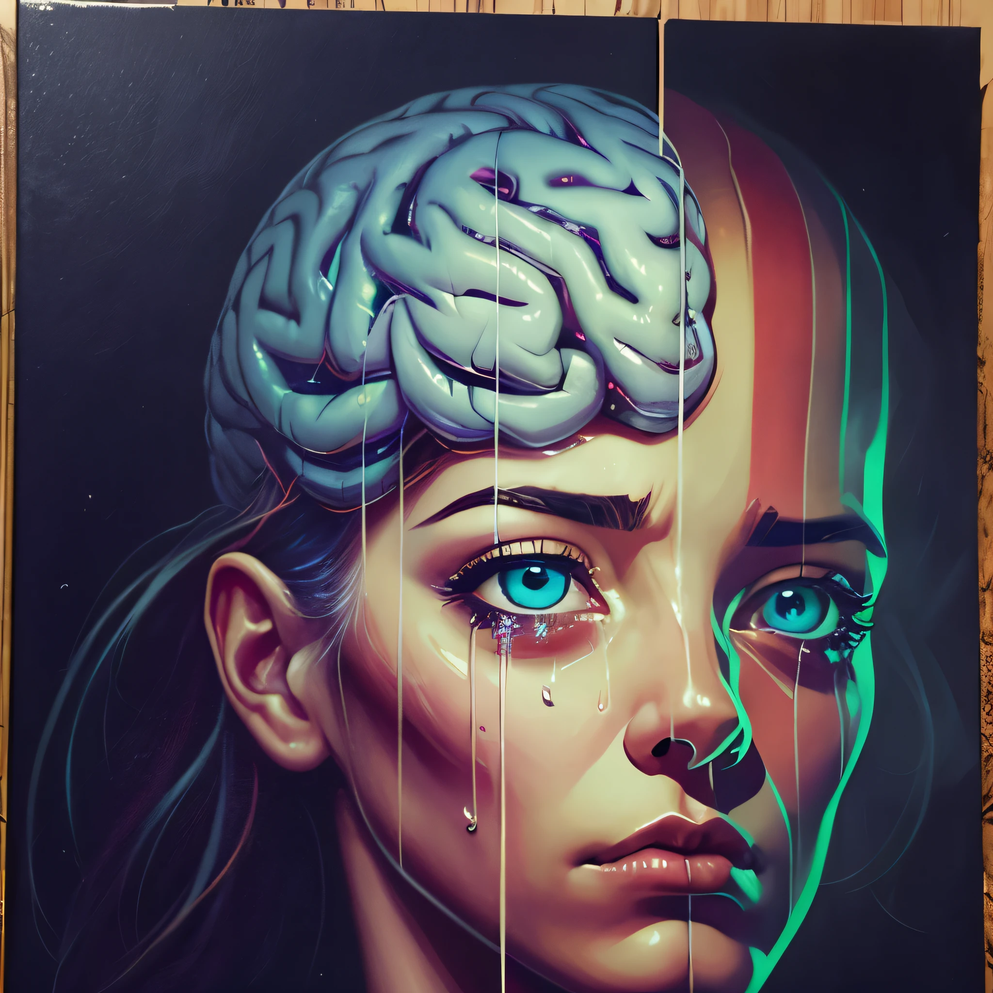 (perfect image), (proportions of the edges filled), (melancholy mood), A brain floating inside a square cage made of black metal bars, depicted as a captivating oil painting on canvas. The brain is rendered in exquisite detail, with prominent wrinkles and convolutions. The colors used are vibrant and expressive, capturing the essence of the brain's struggle for freedom. The eyes of the subject are crying blood. The artwork aims to improve the use of image space, enhancing the proportions between the image and the background. Dramatic details are added to evoke a powerful mood that conveys a profound message about depression and the desolation experienced by an individual