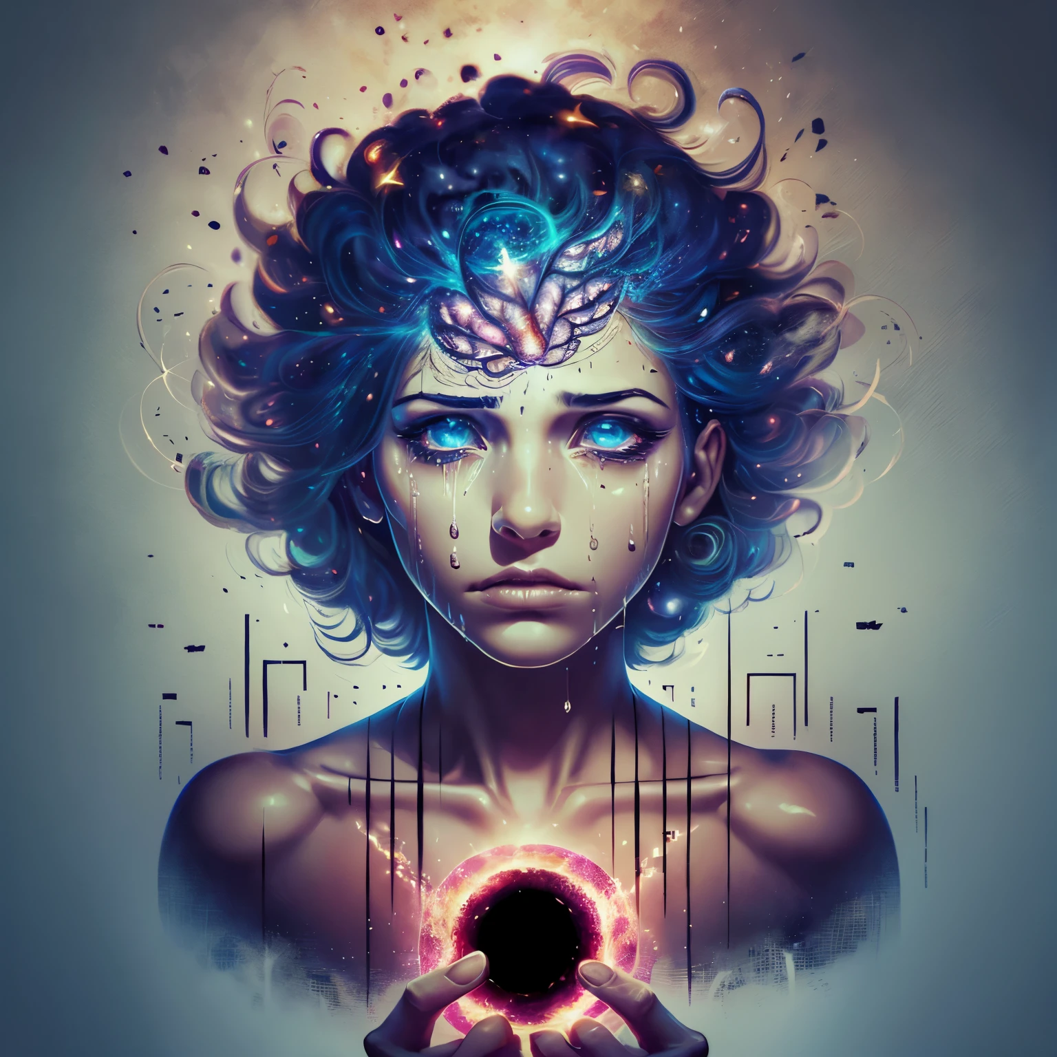 (perfect image), (proportions of the edges filled), (melancholy mood), A brain floating inside a square cage made of black metal bars, depicted as a captivating oil painting on canvas. The brain is rendered in exquisite detail, with prominent wrinkles and convolutions. The colors used are vibrant and expressive, capturing the essence of the brain's struggle for freedom. The eyes of the subject are crying blood. The artwork aims to improve the use of image space, enhancing the proportions between the image and the background. Dramatic details are added to evoke a powerful mood that conveys a profound message about depression and the desolation experienced by an individual
