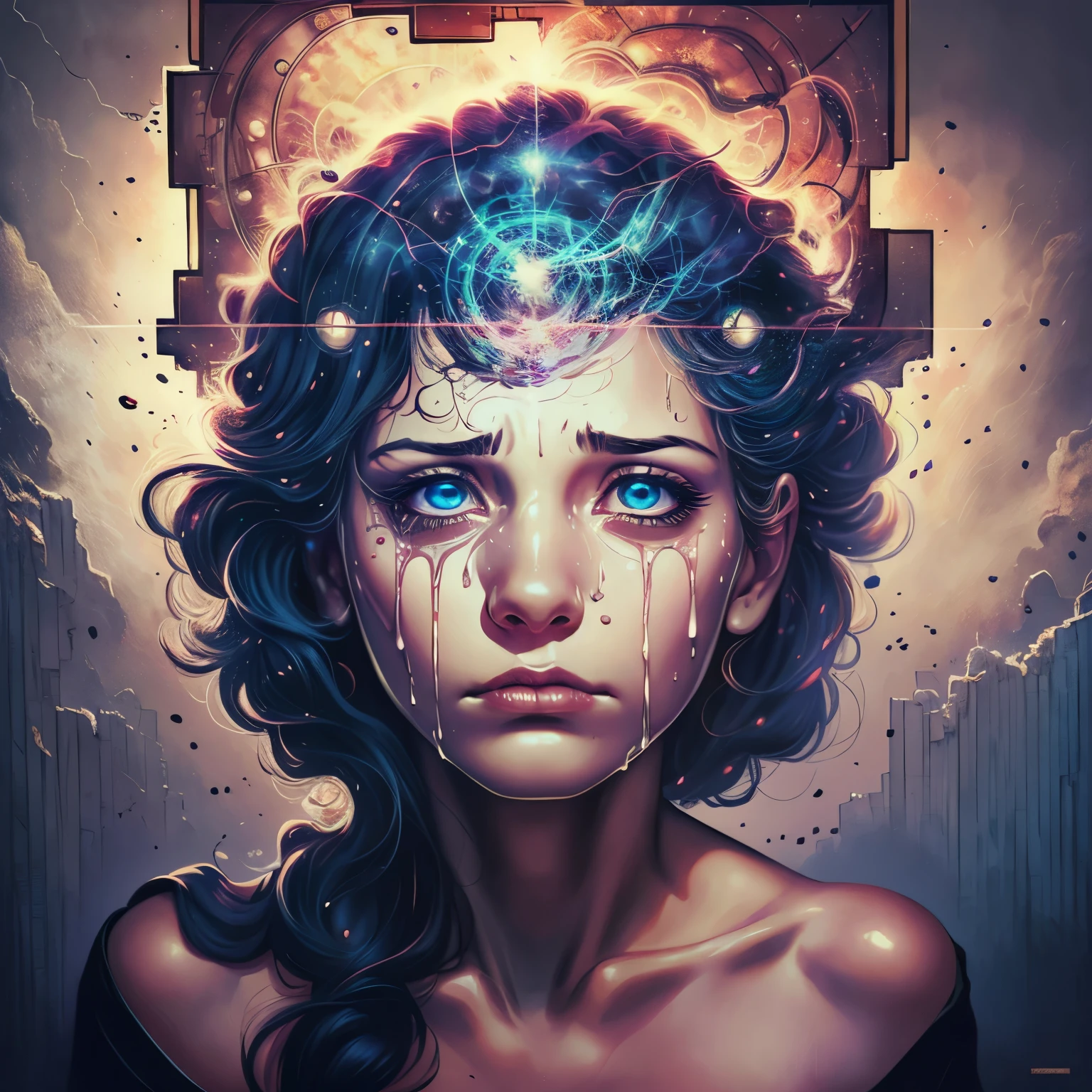 (perfect image), (proportions of the edges filled), (melancholy mood), A brain floating inside a square cage made of black metal bars, depicted as a captivating oil painting on canvas. The brain is rendered in exquisite detail, with prominent wrinkles and convolutions. The colors used are vibrant and expressive, capturing the essence of the brain's struggle for freedom. The eyes of the subject are crying blood. The artwork aims to improve the use of image space, enhancing the proportions between the image and the background. Dramatic details are added to evoke a powerful mood that conveys a profound message about depression and the desolation experienced by an individual