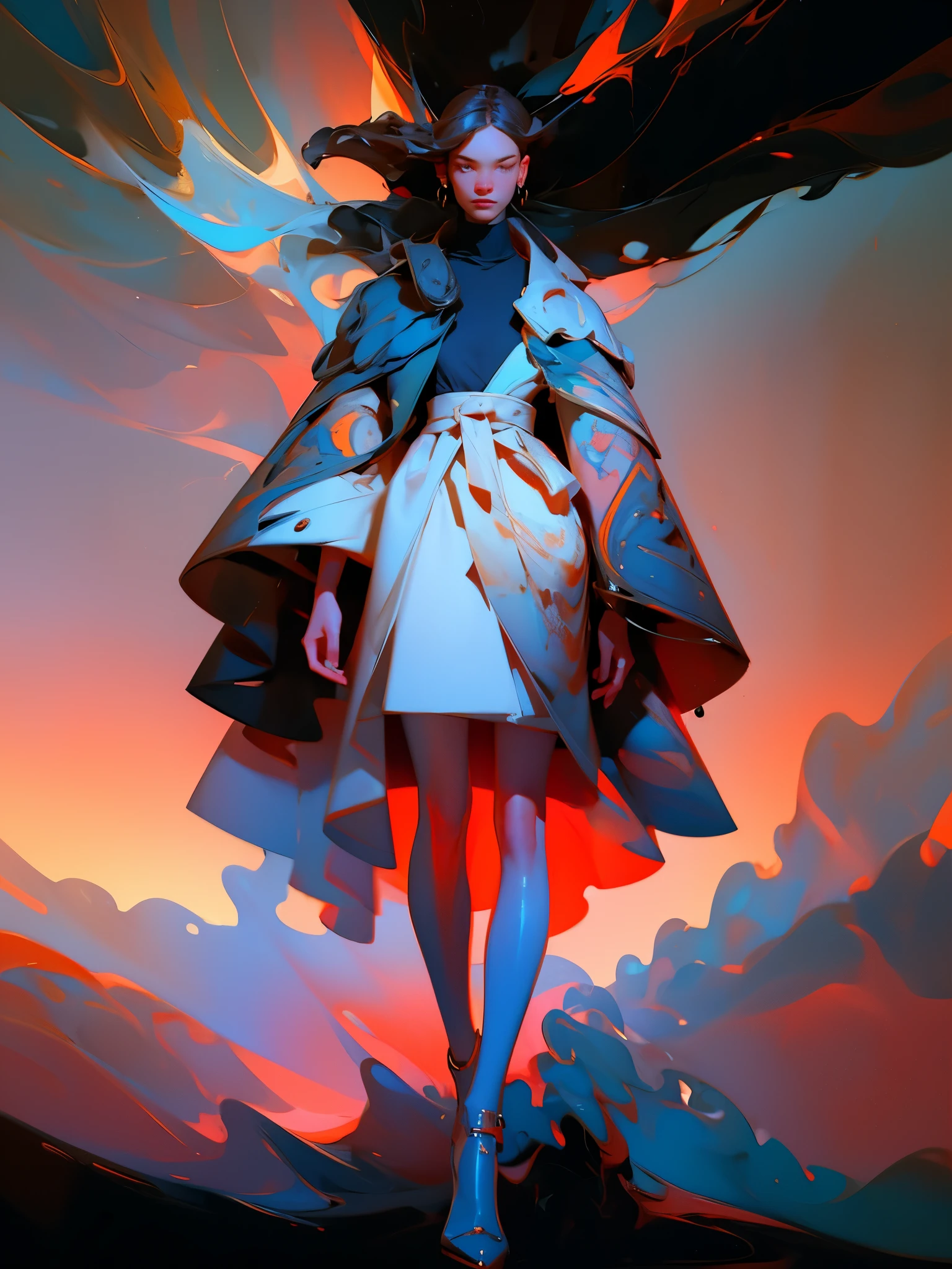 Man wearing trendy clothes, in an abstract oil painting style, fashion show, The painting is ultra-high detailed and has a resolution of 8k, showcasing the best quality and craftsmanship. The background is colorful, with a touch of fog and mist, creating a mysterious atmosphere. There is a subtle lens flare effect, adding a dynamic element to the artwork. This painting aims to be reminiscent of luxury brand advertising, showcasing the beauty and elegance of the fashion world.