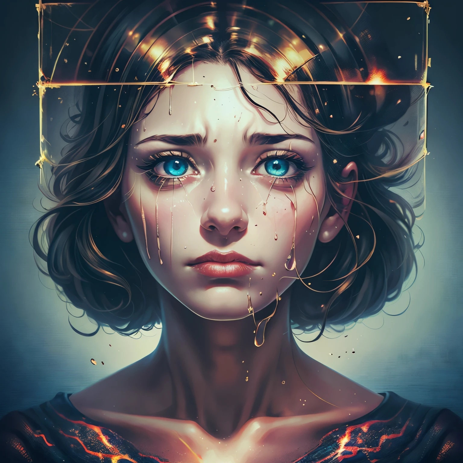 (perfect image), (proportions of the edges filled), (melancholy mood), A brain floating inside a square cage made of black metal bars, depicted as a captivating oil painting on canvas. The brain is rendered in exquisite detail, with prominent wrinkles and convolutions. The colors used are vibrant and expressive, capturing the essence of the brain's struggle for freedom. The eyes of the subject are crying blood. The artwork aims to improve the use of image space, enhancing the proportions between the image and the background. Dramatic details are added to evoke a powerful mood that conveys a profound message about depression and the desolation experienced by an individual
