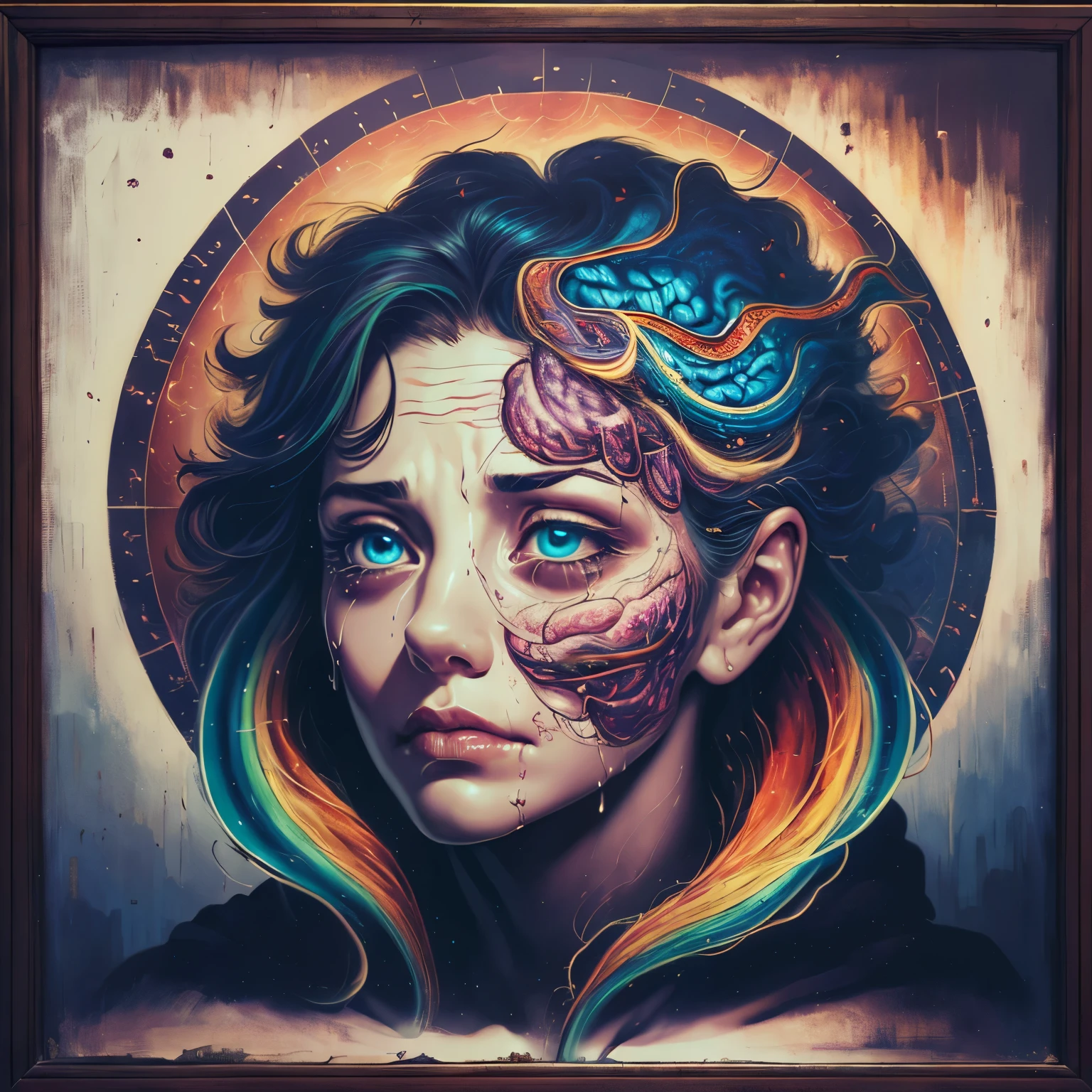 (perfect image), (proportions of the edges filled), (melancholy mood), A brain floating inside a square cage made of black metal bars, depicted as a captivating oil painting on canvas. The brain is rendered in exquisite detail, with prominent wrinkles and convolutions. The colors used are vibrant and expressive, capturing the essence of the brain's struggle for freedom. The eyes of the subject are crying blood. The artwork aims to improve the use of image space, enhancing the proportions between the image and the background. Dramatic details are added to evoke a powerful mood that conveys a profound message about depression and the desolation experienced by an individual