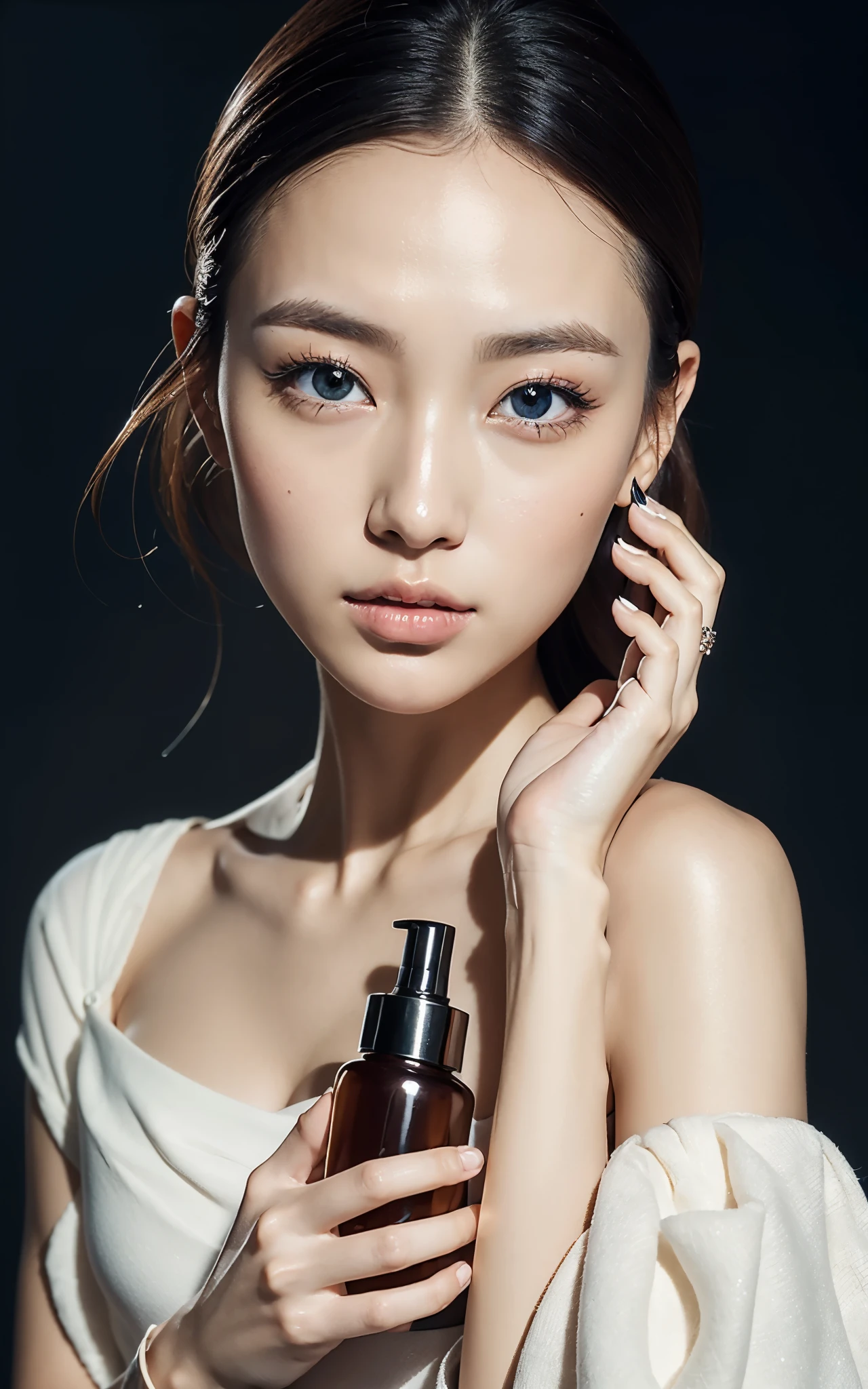 1 FEMALE-FOCUSED, A BEAUTIFUL FEMALE MODEL HAS A COSMETIC BOTTLE IN HER HANDS, WEARING WHITE SHIRT, THE MODEL'S SKIN IS HEALTHY AND CLEAR, AND THE COSMETICS BOTTLE SHINES LUXURIOUSLY, SKIN CARE, FLOWER, COSMETICS COMMERCIAL PHOTOS, CLEAN ATMOSPHERE, IN THE STUDIO, SHOT ON HASSELBLAD CAMERA, MEDIUM FORMAT, DRAMATIC LIGHTING, LUXURY BRAND COSMETIC