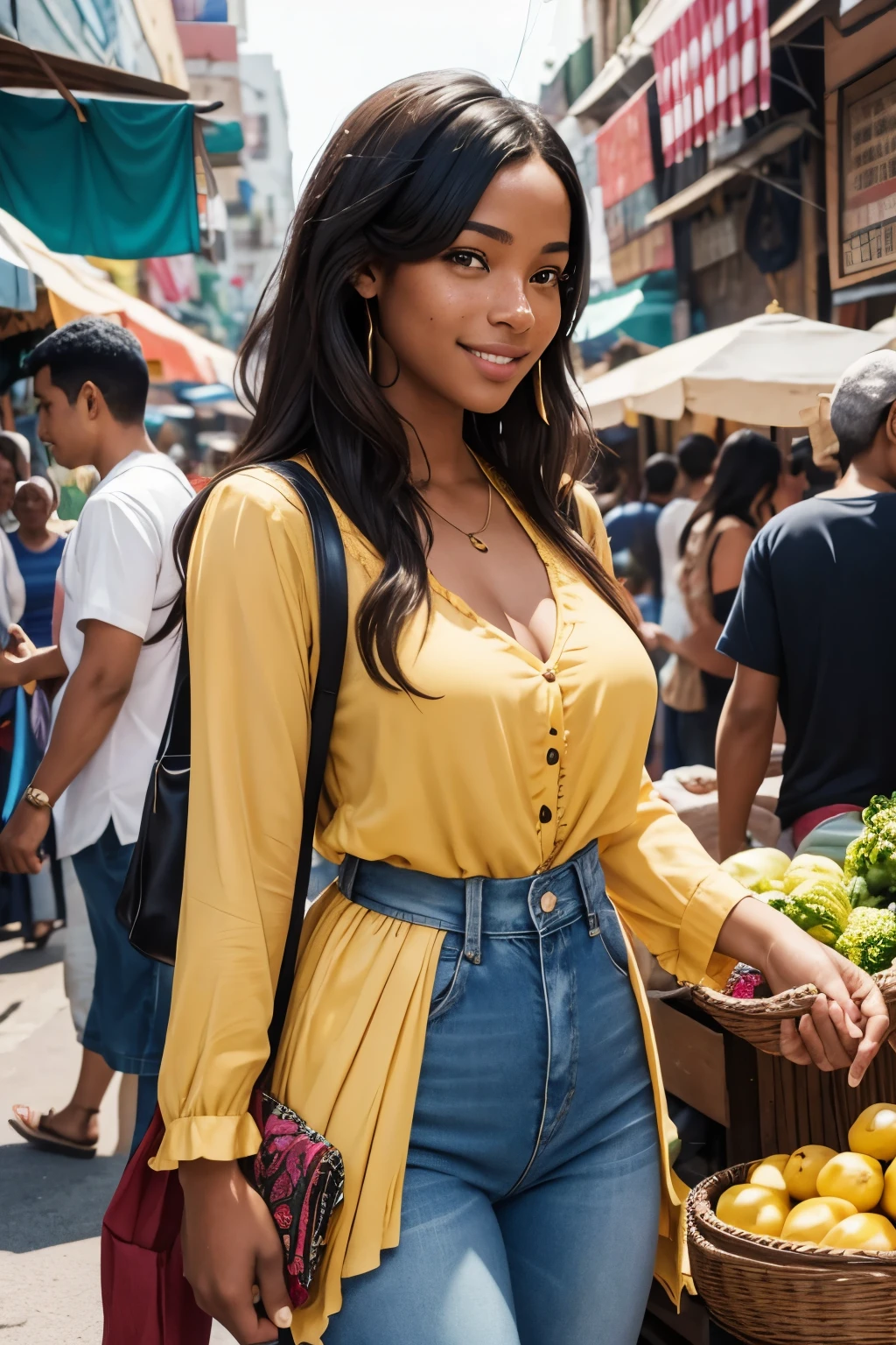 African American female, medium complexion, with a sprinkle of freckles. Standing at 5'8, big breasts,https://image.cdn2.seaart.ai/2024-02-03/cmv327te878c73e1qsl0/db495e33023cac2d7aa62adc0c8d72779794008c_high.webp Aria exploring a vibrant street market, browsing local artisan goods.Attire: Casual chic outfit, such as a flowy blouse and jeans.Pose: Engaged in conversation with a vendor, smiling and gesturing towards the goods.Location: Bustling street market with colorful stalls and bustling activity.