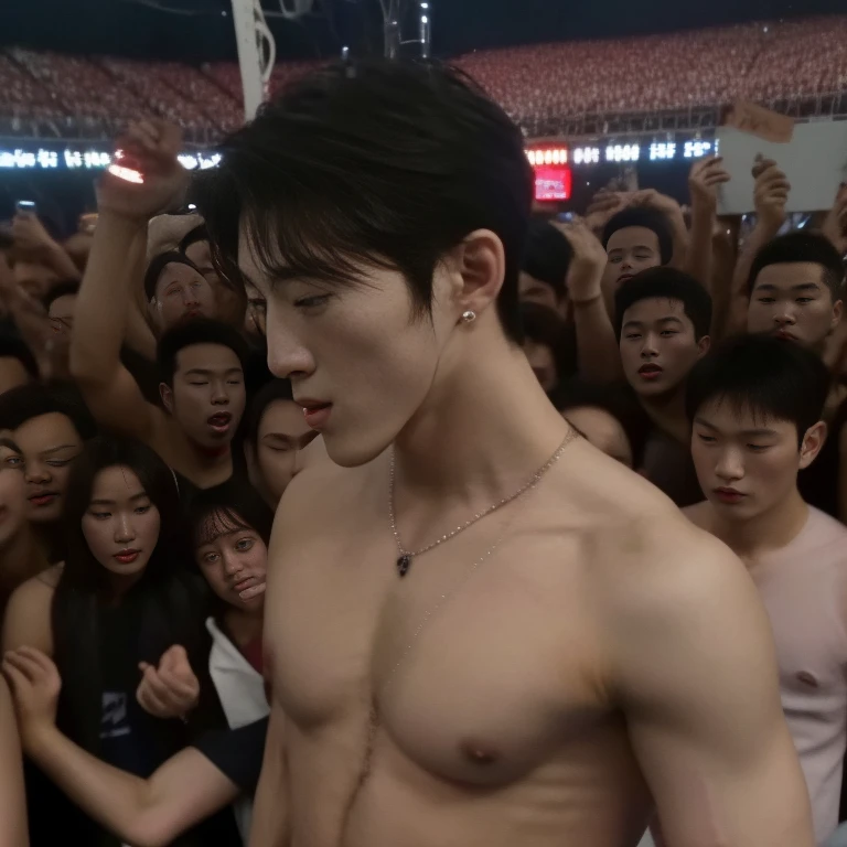 Handsome boy ,topless , micro string thong , penis , the crowds gathered around him , the crowds kissing his body , the crowds covet his body , 16k resolution , ultra-high clarity , hyperrealism, uhd., kpop idol , kissing body